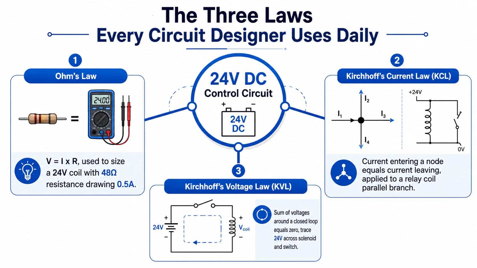 An infographic illustrating three fundamental laws for circuit design, including Ohm's Law, Kirchhoff's Current Law, and Kirchhoff's Voltage Law.