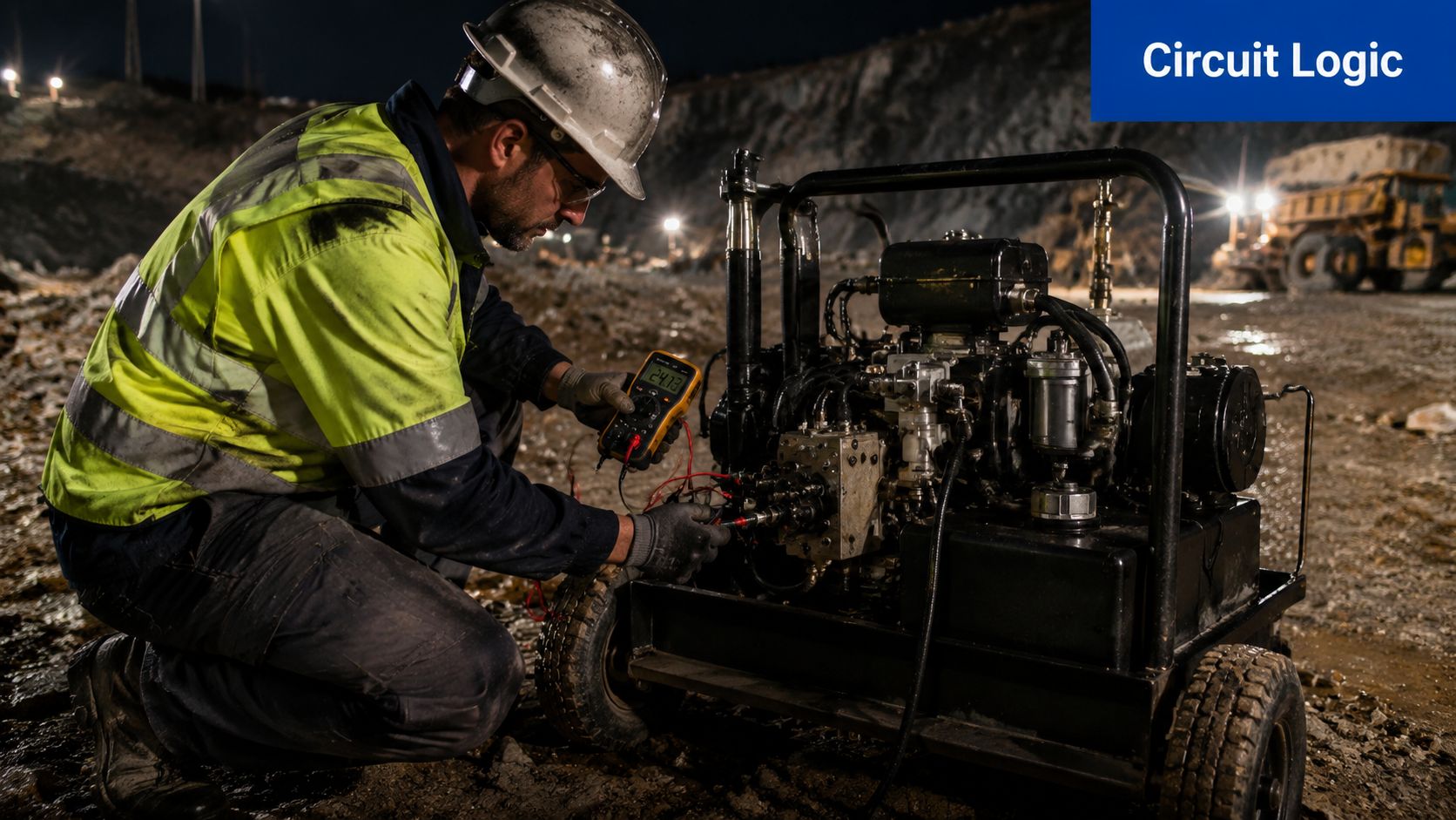An industrial technician in safety gear uses a digital multimeter to test equipment at a quarry.