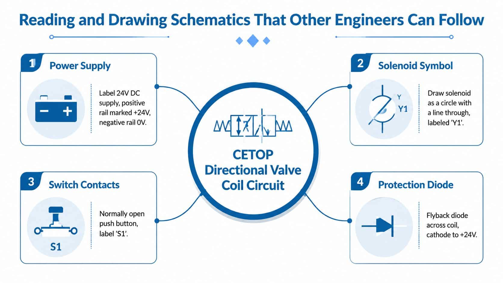 An infographic showing the four essential components for designing a CETOP directional valve coil circuit schematic.