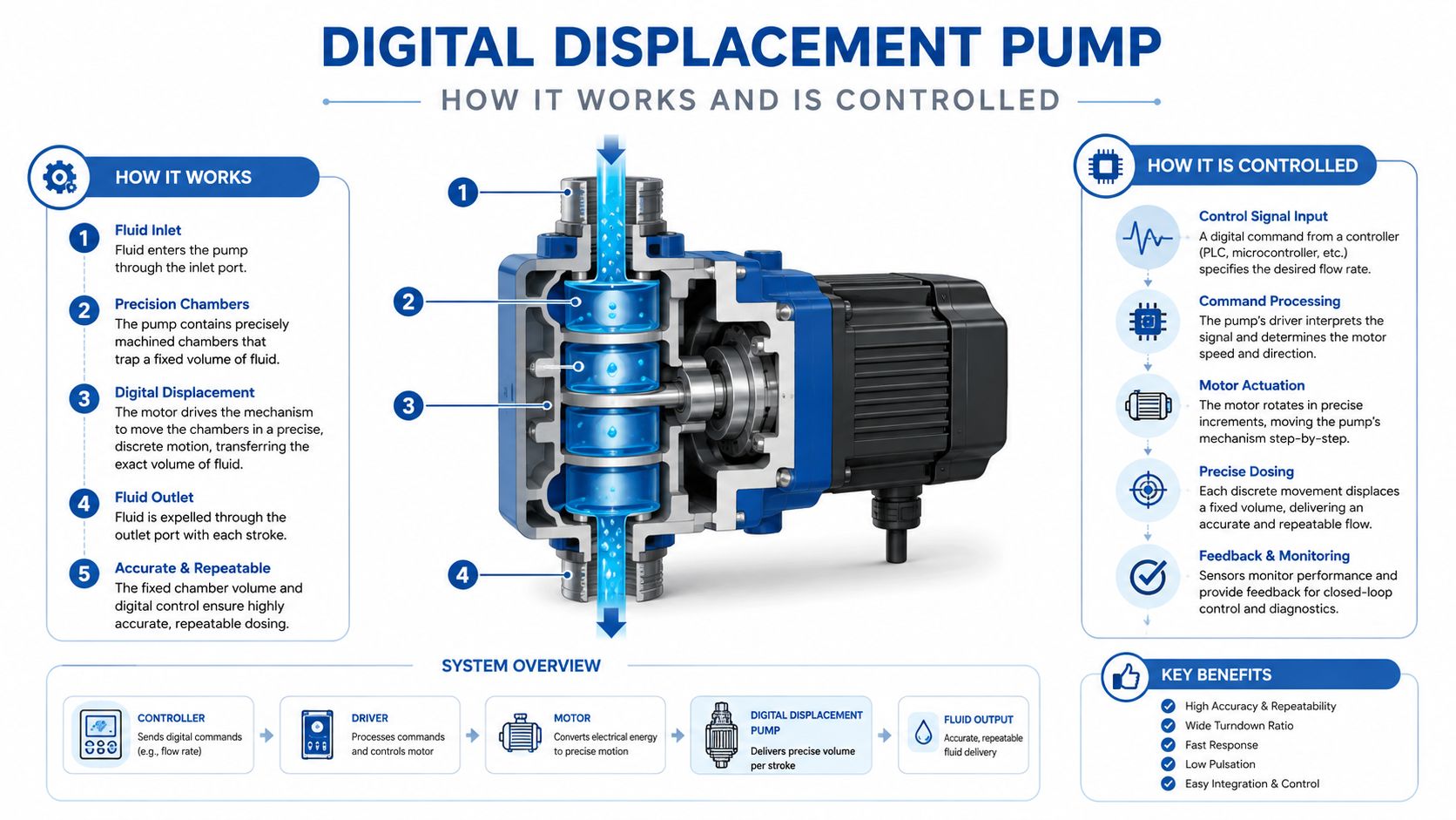 A detailed infographic explaining the mechanism, control system, and key benefits of a digital displacement pump.