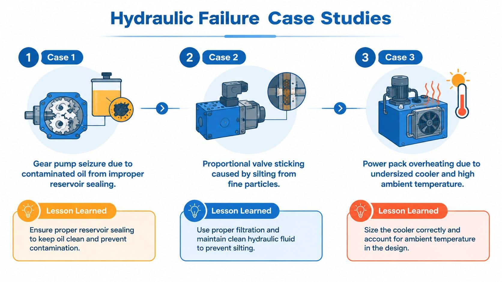 A diagram illustrating three common hydraulic system failure case studies including contaminated oil, valve silting, and overheating.