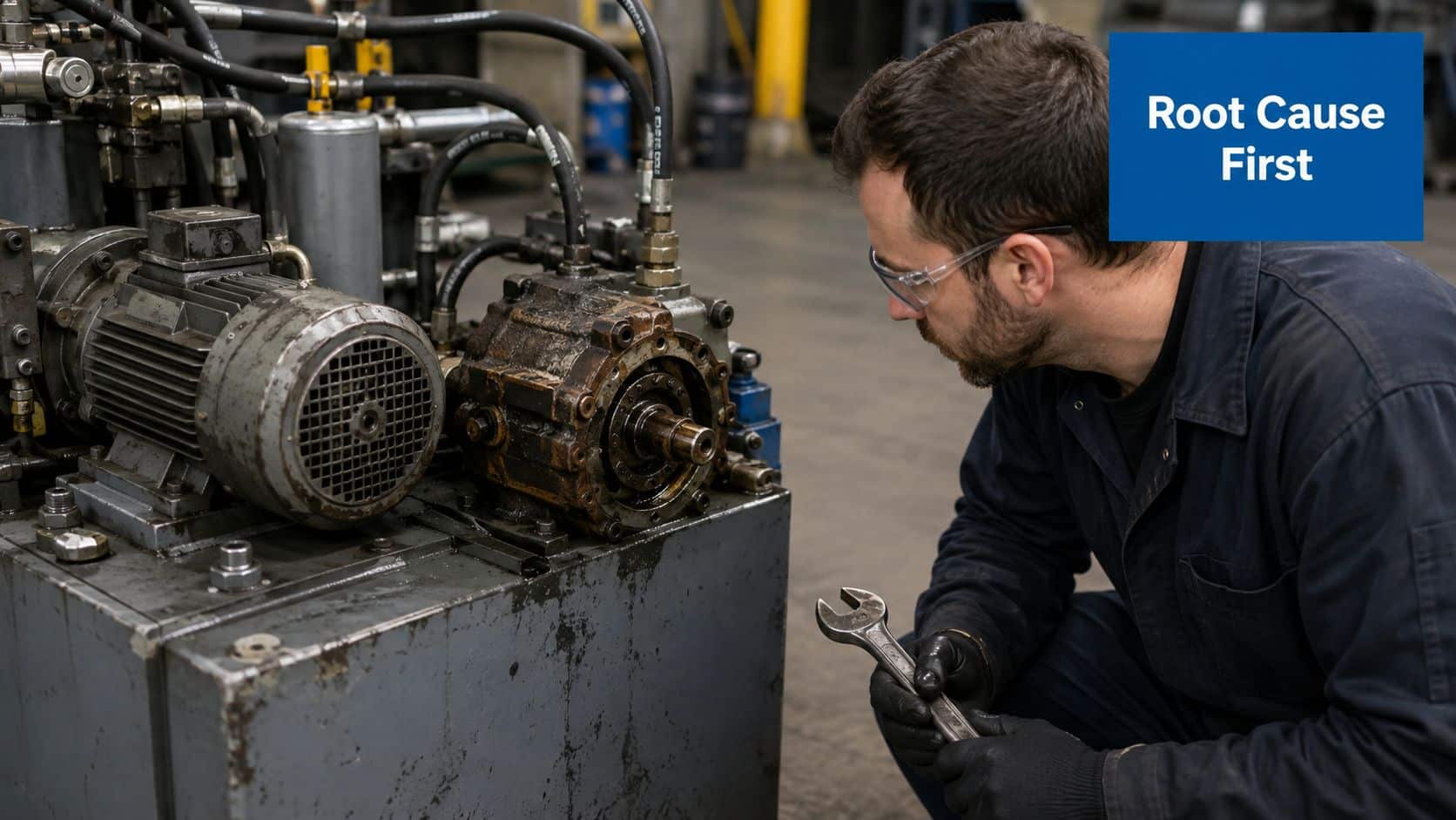 A technician wearing safety glasses and gloves inspecting a mechanical pump at a workshop facility.
