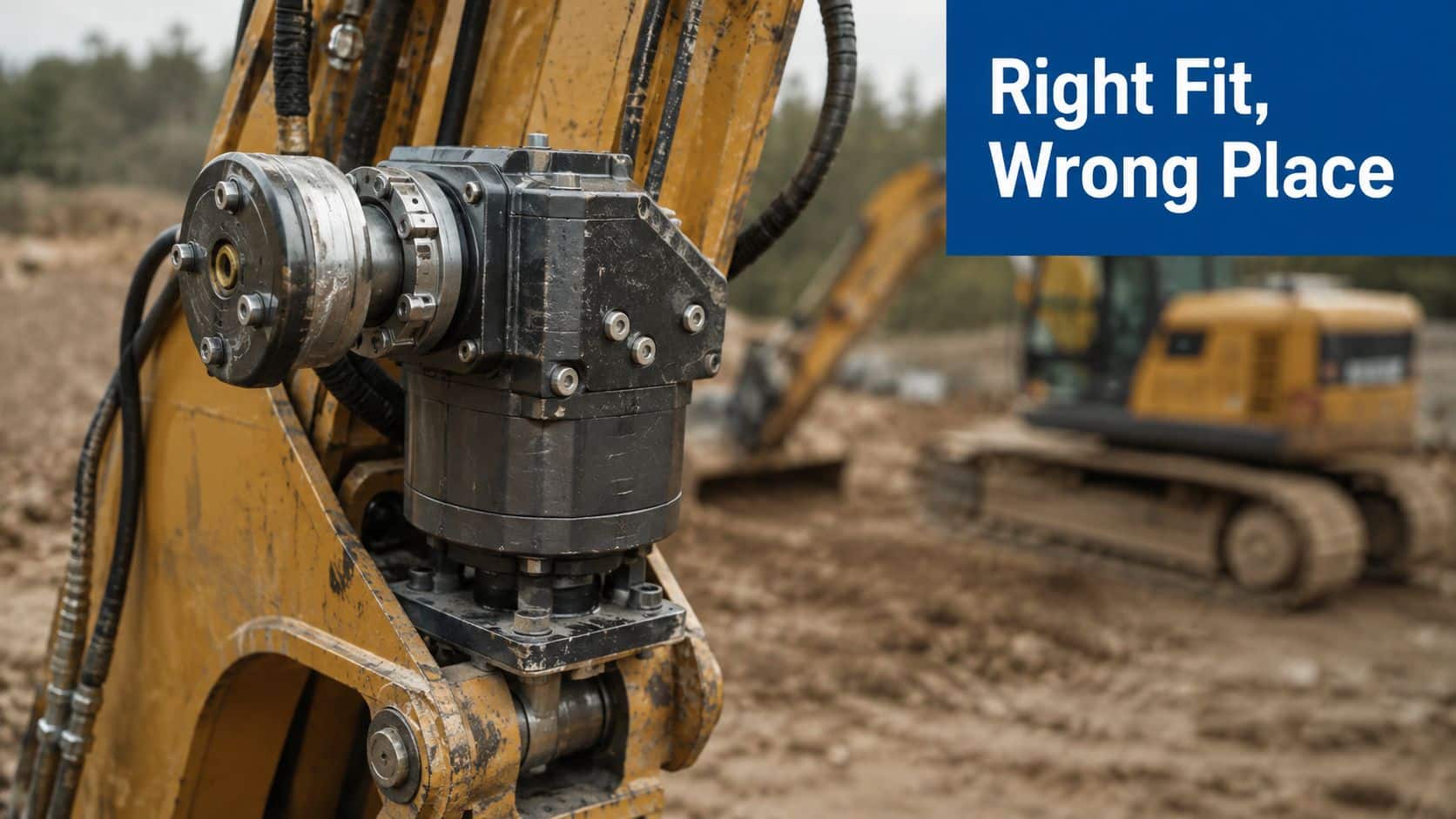 A close-up view of a heavy machinery hydraulic gearbox mounted on an excavator arm at a construction site.