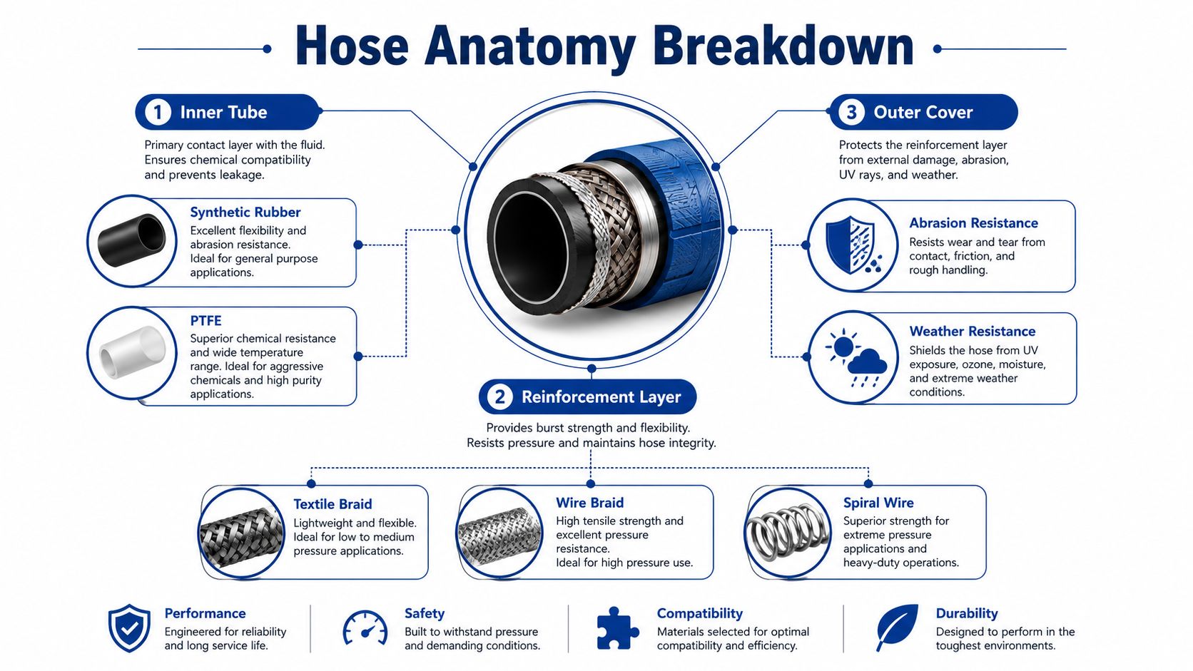 A detailed infographic titled Hose Anatomy Breakdown explaining the layers of industrial hoses including inner tube, reinforcement, and cover.
