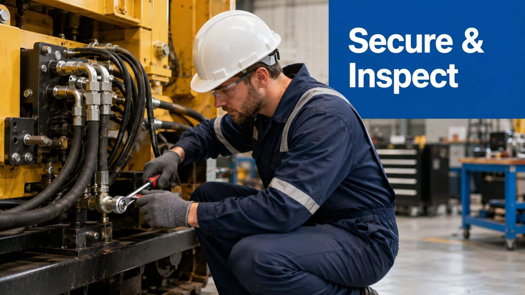 A professional mechanic in safety gear inspecting high pressure hydraulic hoses on heavy industrial machinery.