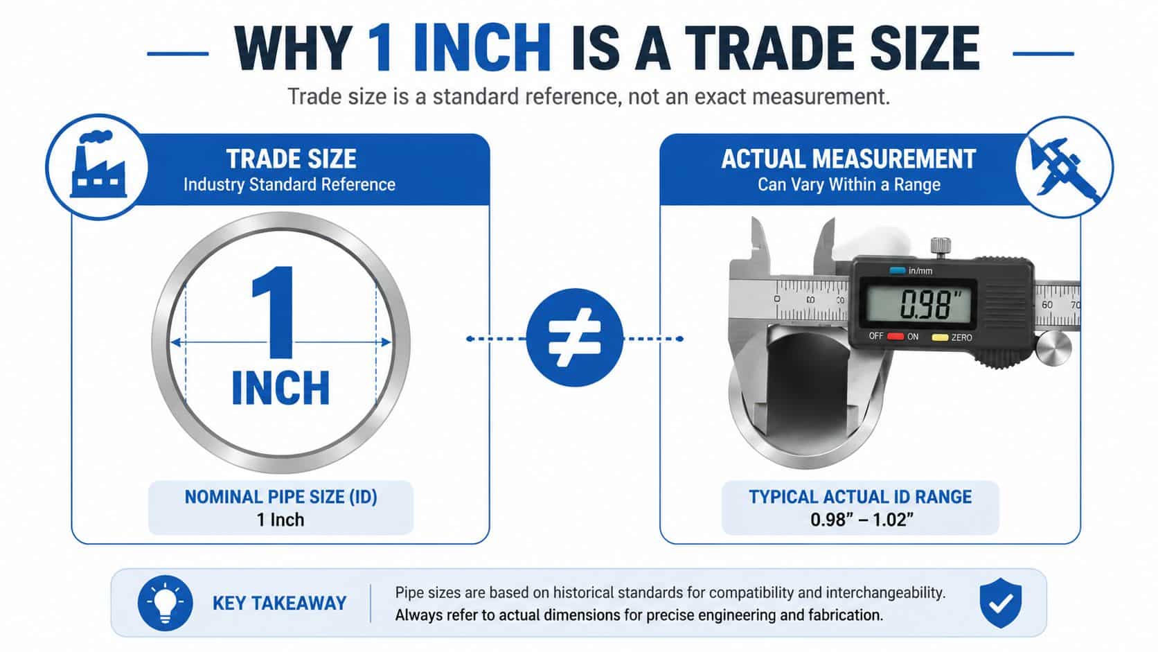 A diagram explaining why 1 inch pipe trade size is a reference rather than an exact measurement.