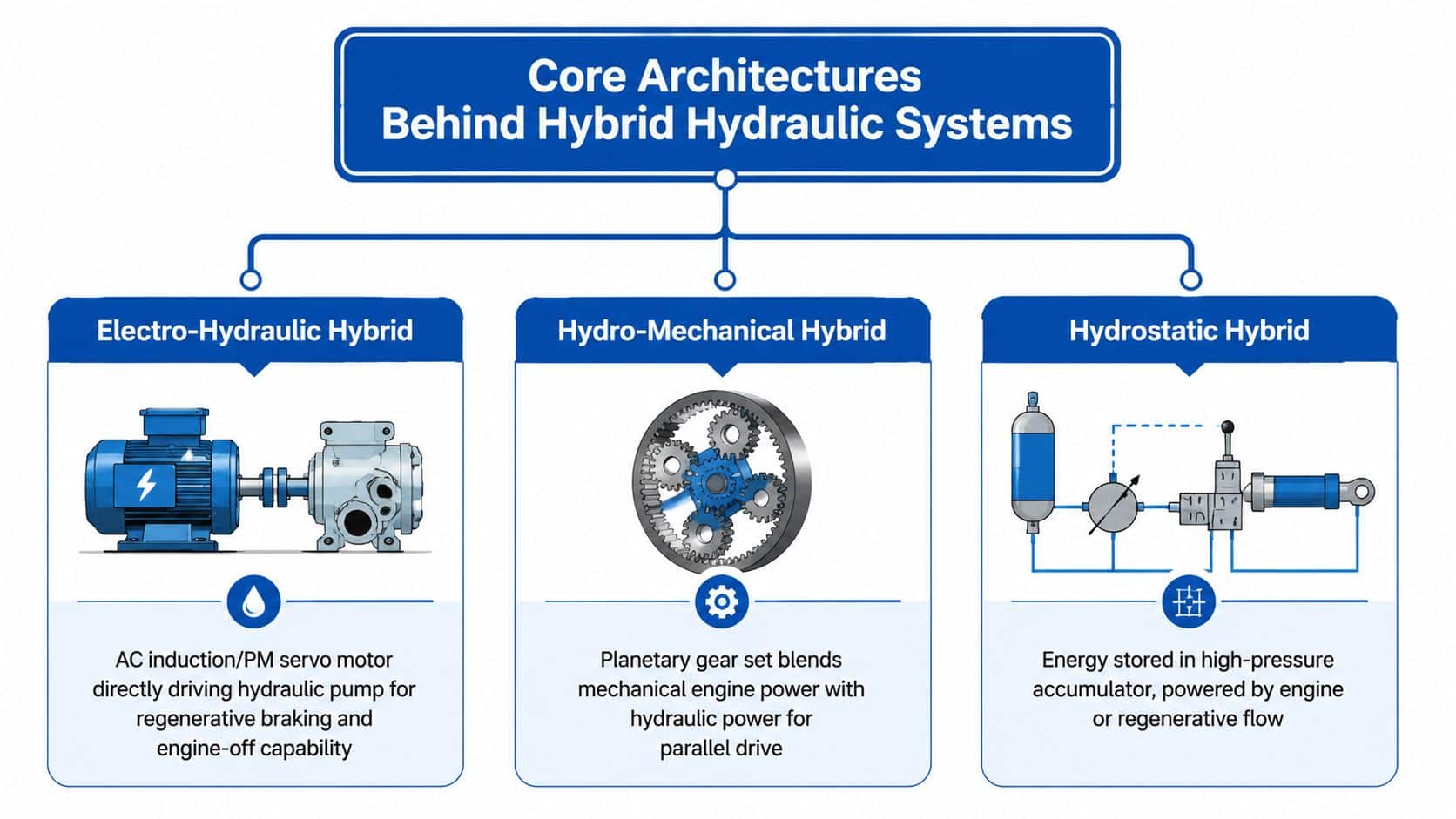 A diagram illustrating three core architectures behind hybrid hydraulic systems: electro-hydraulic, hydro-mechanical, and hydrostatic hybrid systems.