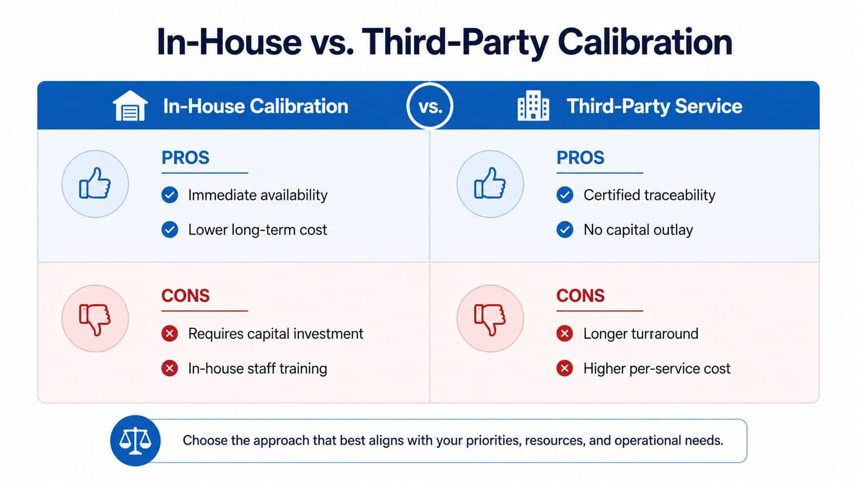 A comparison chart outlining the pros and cons of choosing between in-house and third-party calibration services.