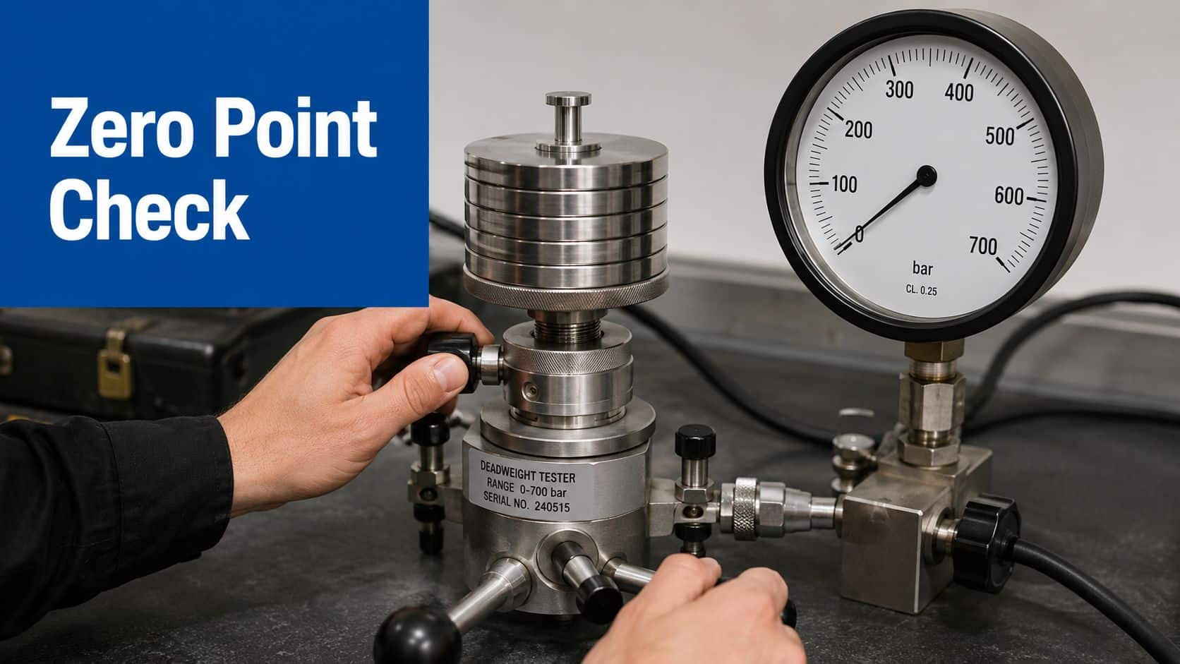 A technician performing a zero point calibration check on a deadweight tester with a pressure gauge.