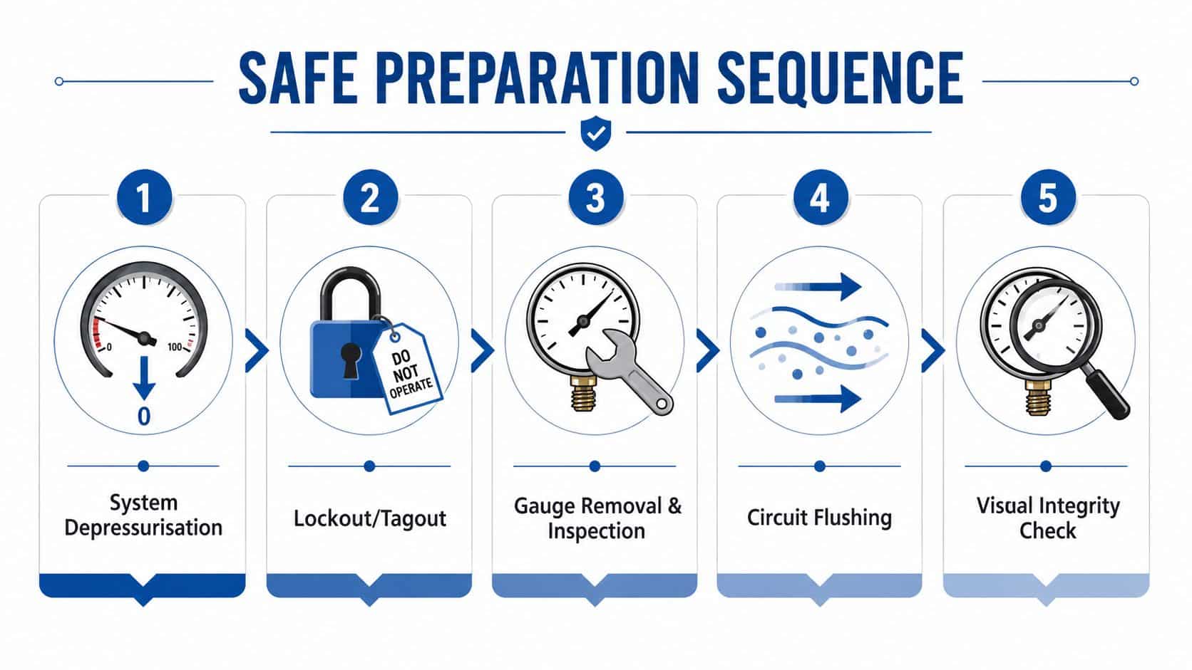 An infographic showing a five-step safe preparation sequence for hydraulic gauge maintenance, including depressurisation, lockout, and inspection.