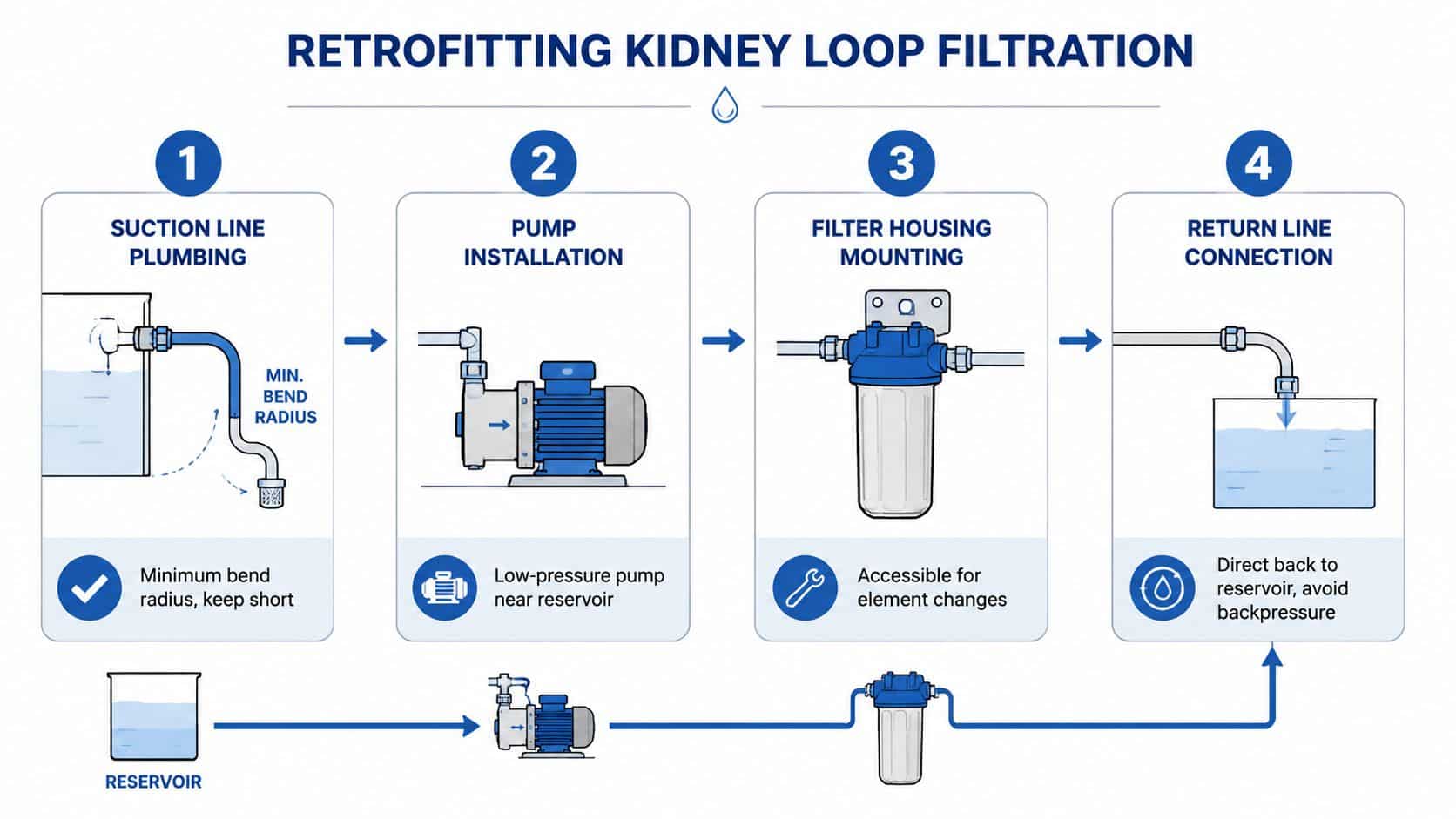 A four-step infographic illustrating the installation process for a kidney loop filtration system on a reservoir.