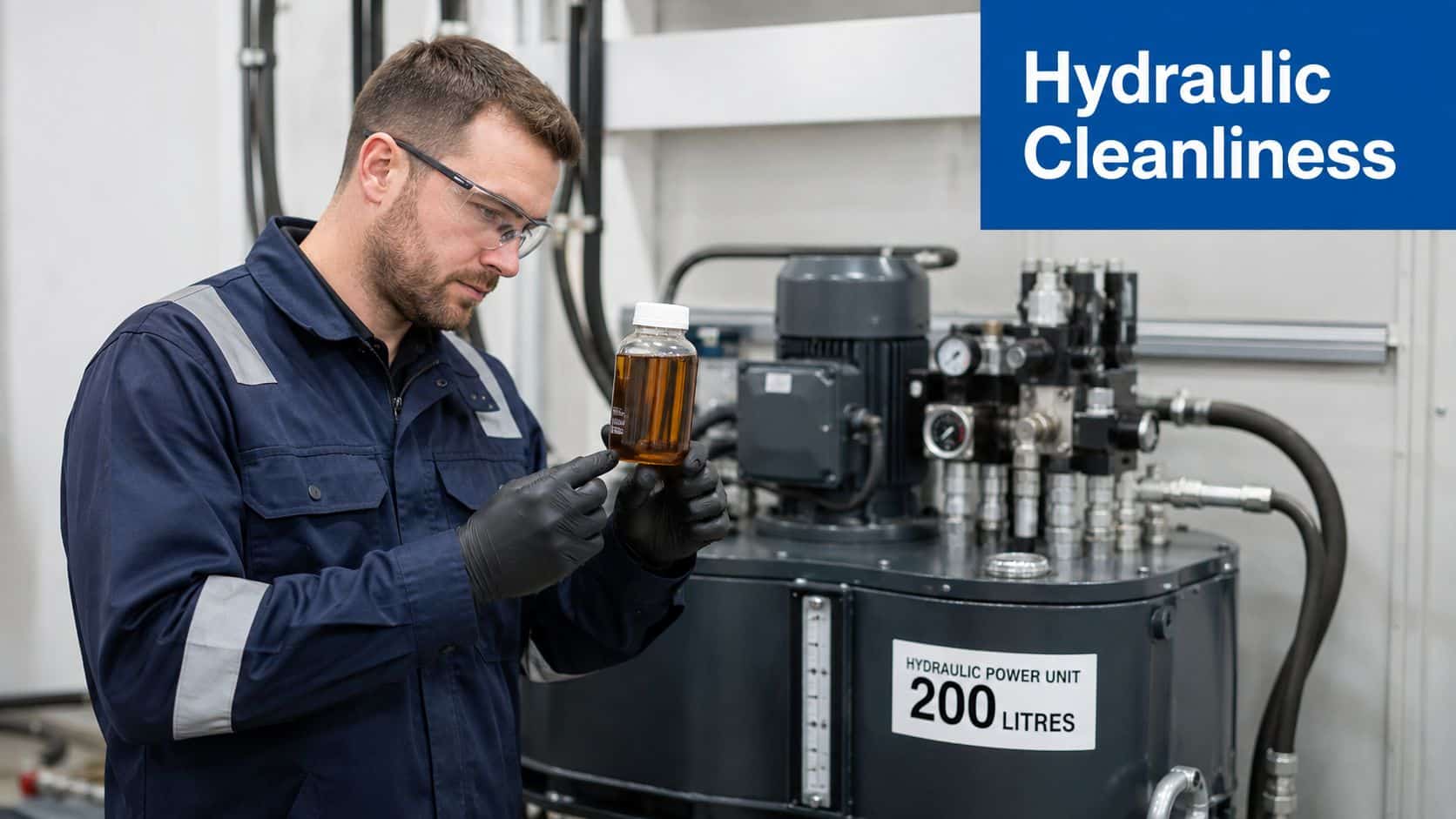 A technician wearing safety gear inspects a sample of hydraulic fluid taken from a power unit system.