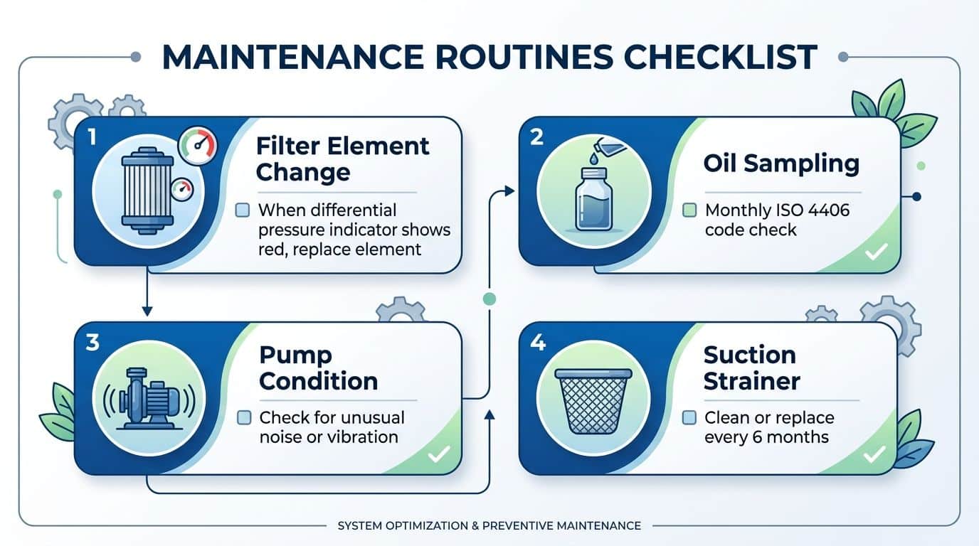 A four-step checklist for industrial maintenance routines including filter changes, oil sampling, pump monitoring, and strainer maintenance.