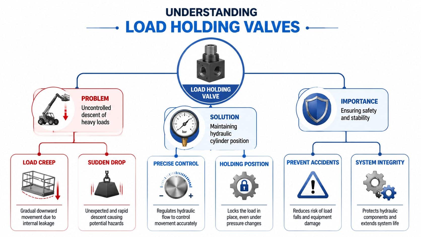A diagram explaining the function of hydraulic load holding valves for safety and preventing load drops.