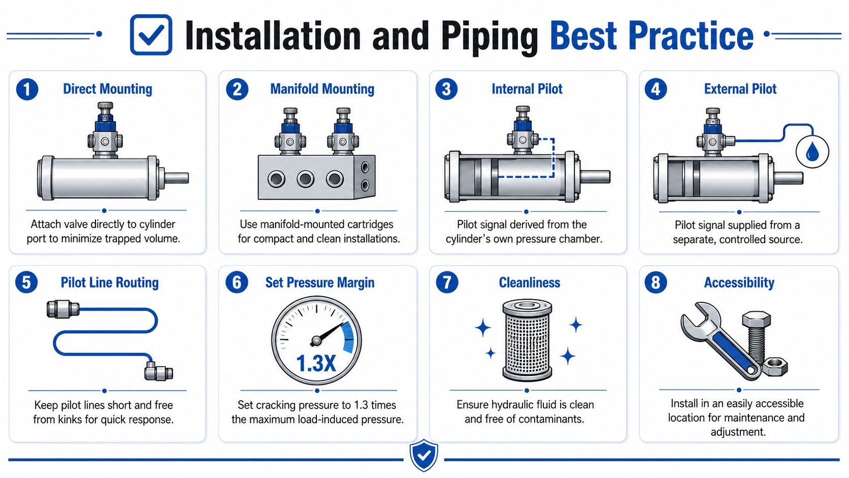 An infographic showing eight best practice tips for the installation and piping of load holding valves.