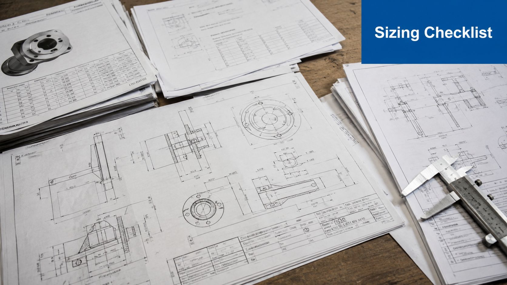 Mechanical engineering blueprints and a metallic caliper tool resting on a wooden drafting table.