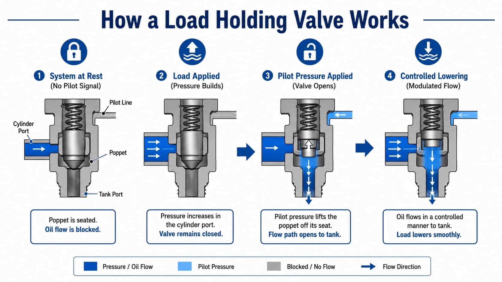 A four-step diagram illustrating the internal operation and mechanics of a hydraulic load holding valve.