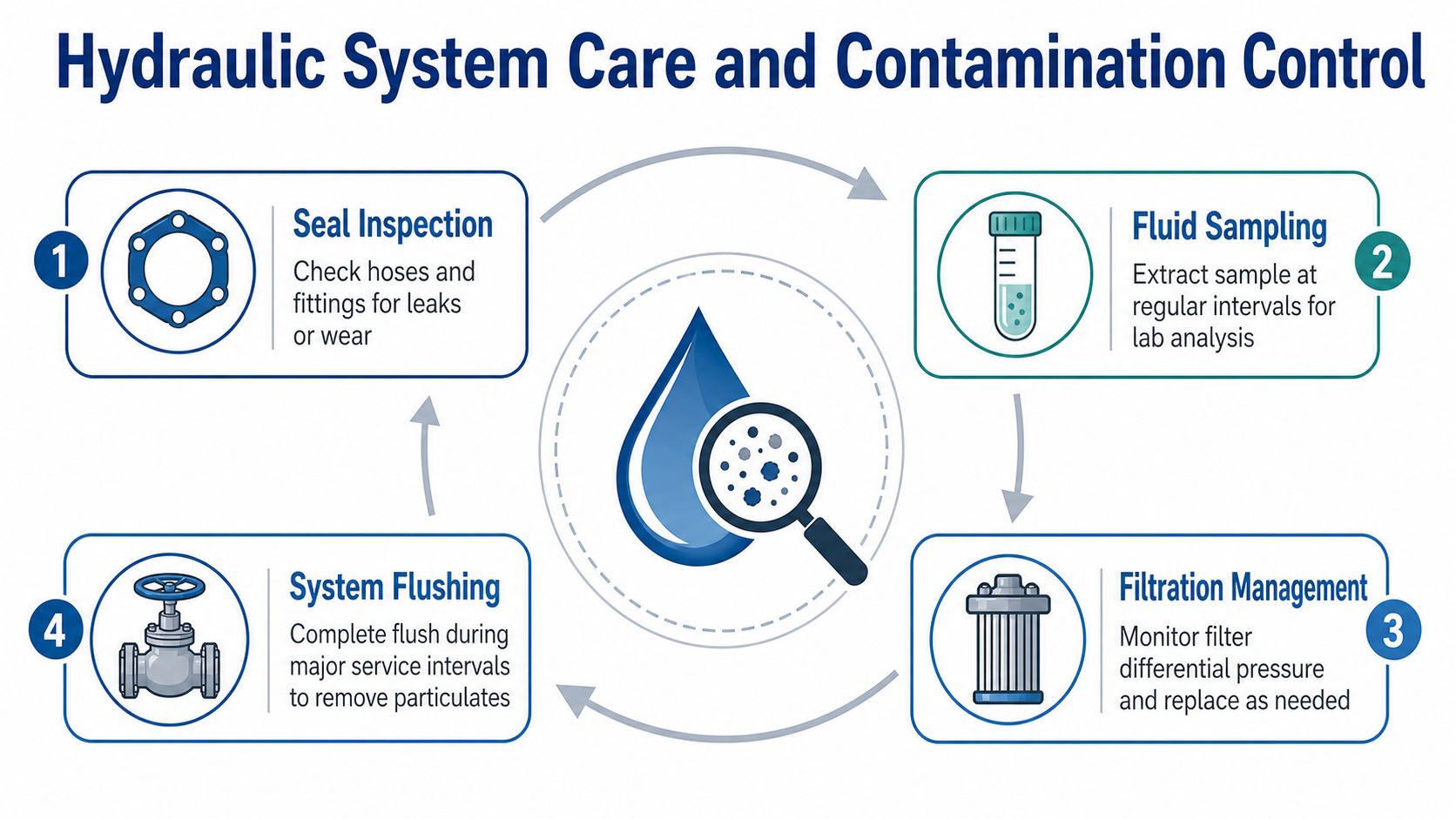 A four-step cycle diagram for hydraulic system care, contamination control, maintenance, and fluid quality management.