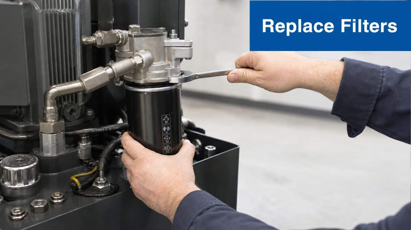 A technician using a wrench to replace an industrial oil filter as part of routine equipment maintenance.