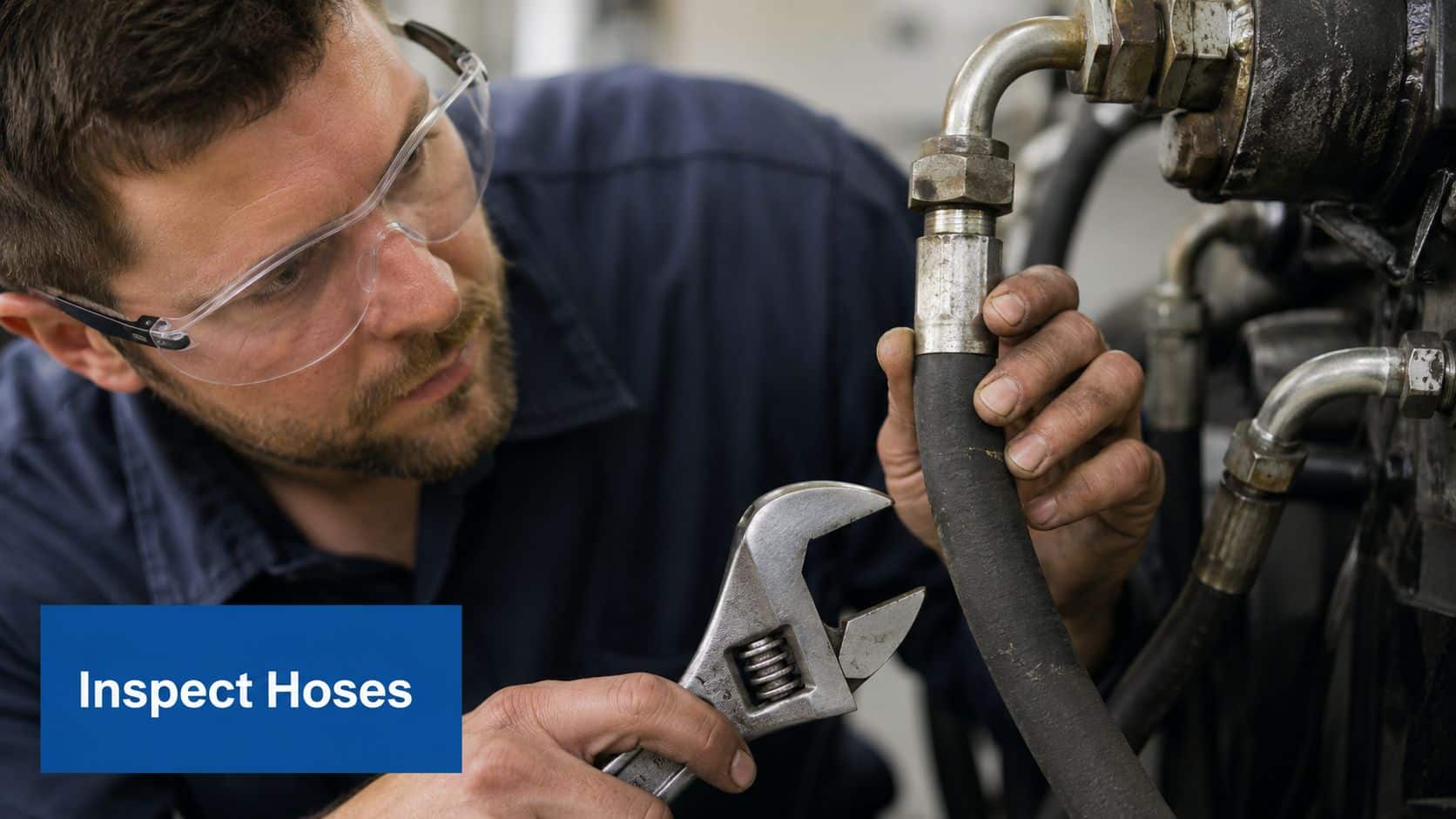 A professional technician wearing safety glasses inspects a hydraulic hose on a piece of heavy machinery.