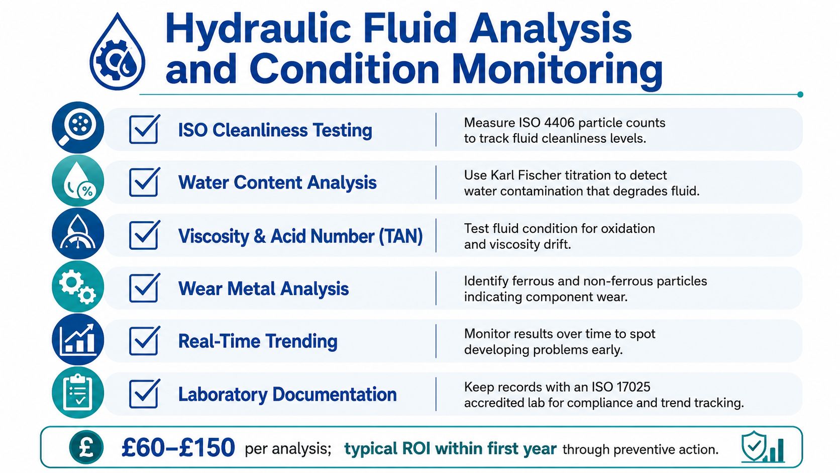 A professional infographic outlining key services for hydraulic fluid analysis and machinery condition monitoring.