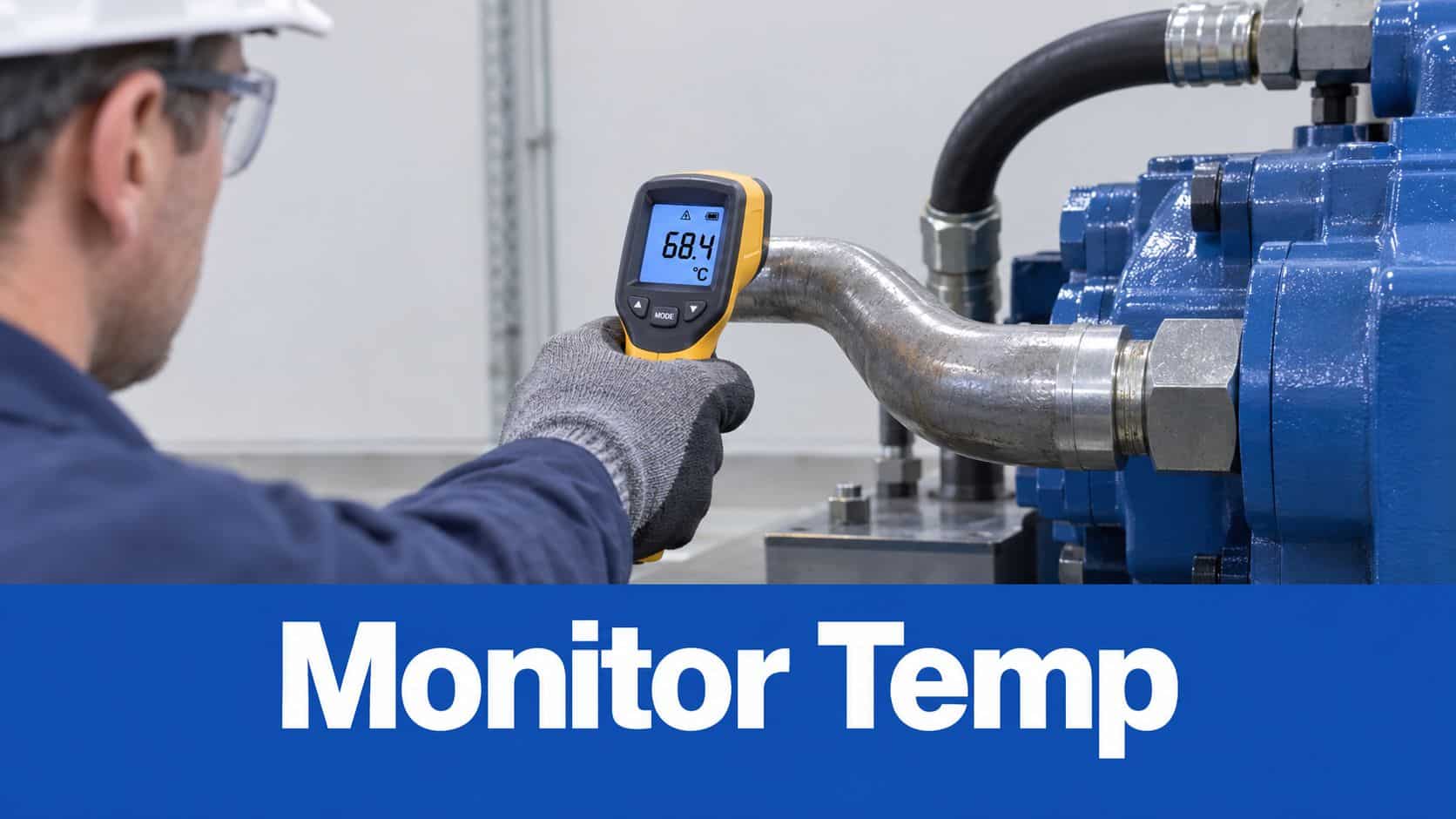 A technician wearing a hard hat uses an infrared thermometer to measure the temperature of industrial machinery pipes.
