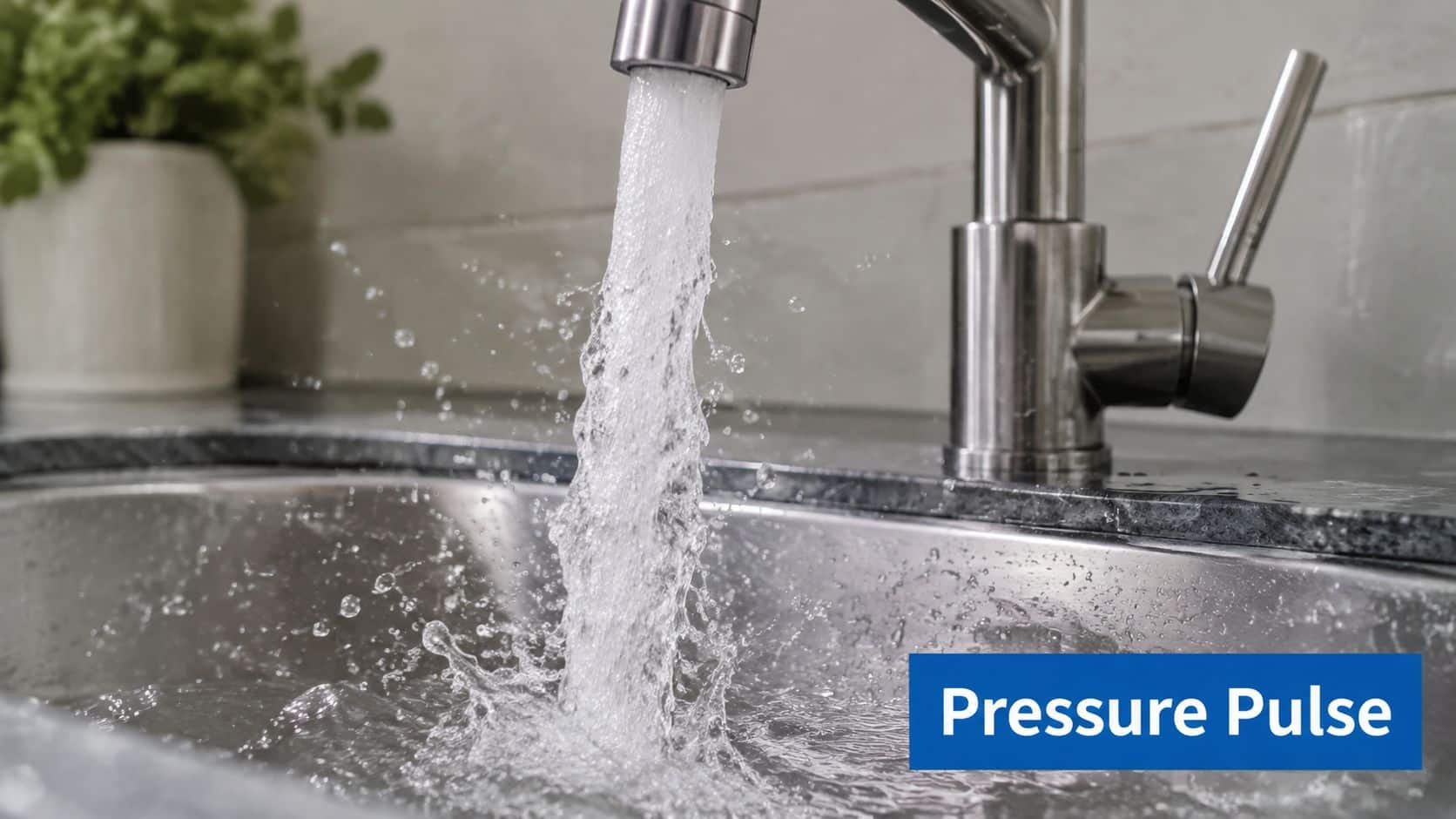 A close-up shot of a stainless steel kitchen faucet with water flowing steadily into a sink.