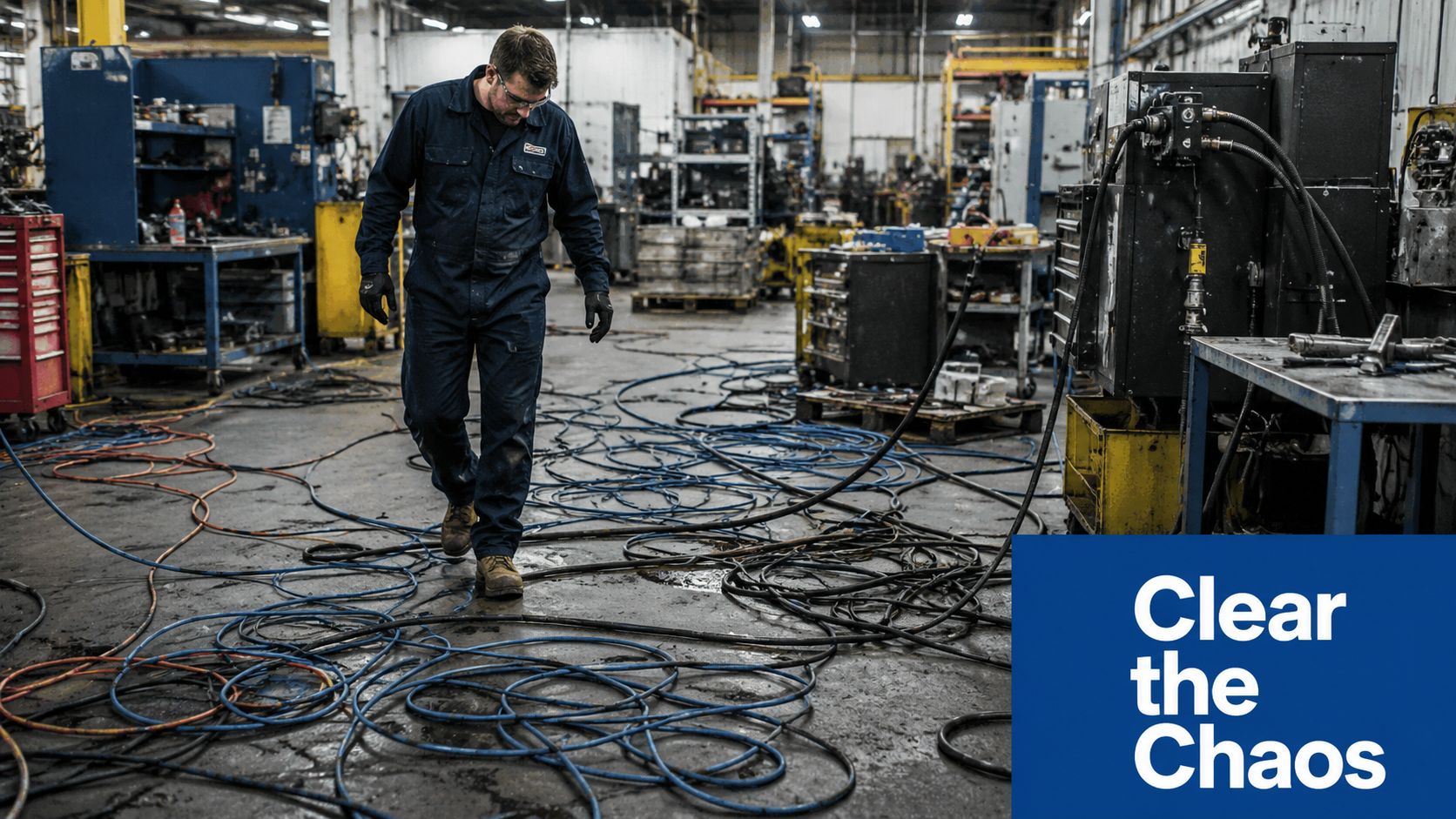 A technician walks through a factory floor cluttered with messy and tangled air hoses on the ground.