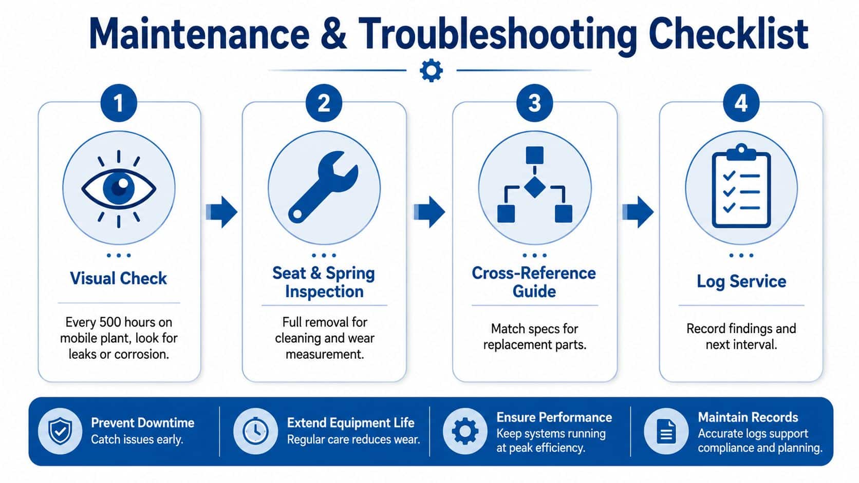 A four-step maintenance and troubleshooting checklist for industrial equipment, focusing on inspections, part replacement, and logging.