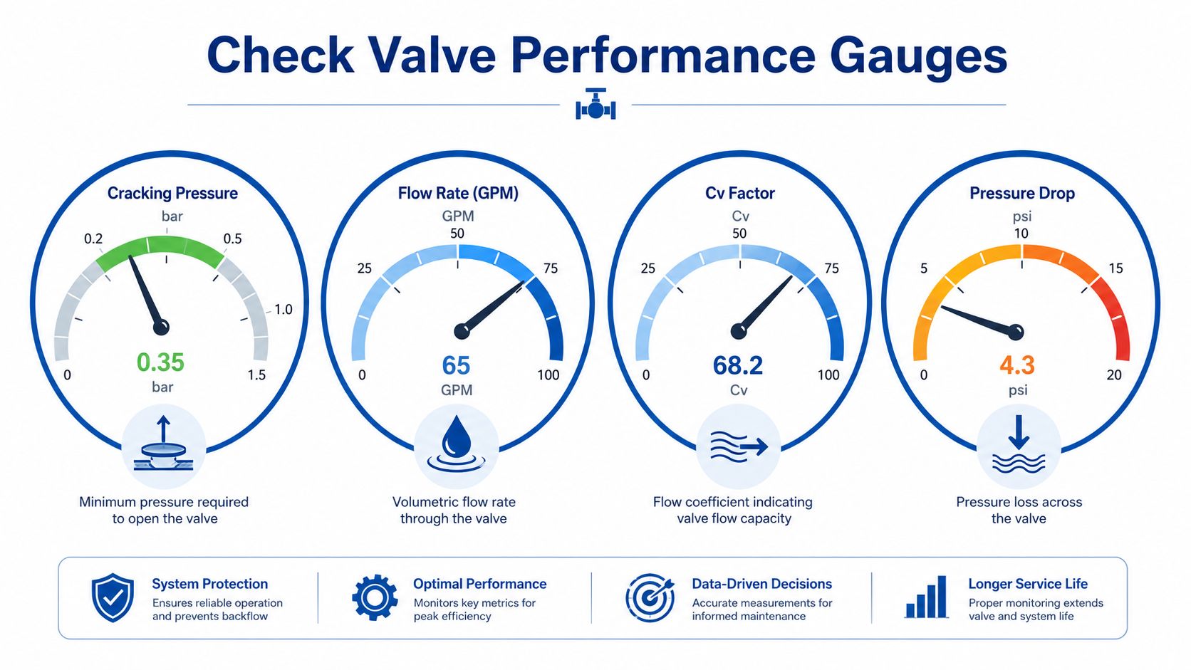 A graphic showing four performance gauges for a check valve measuring cracking pressure, flow rate, Cv factor, and pressure drop.