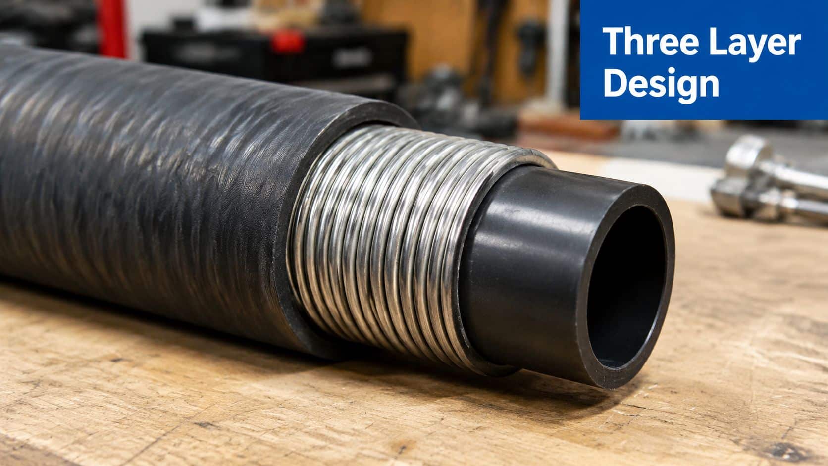 A close up view of a industrial suction hose revealing its durable three-layer composite construction design.