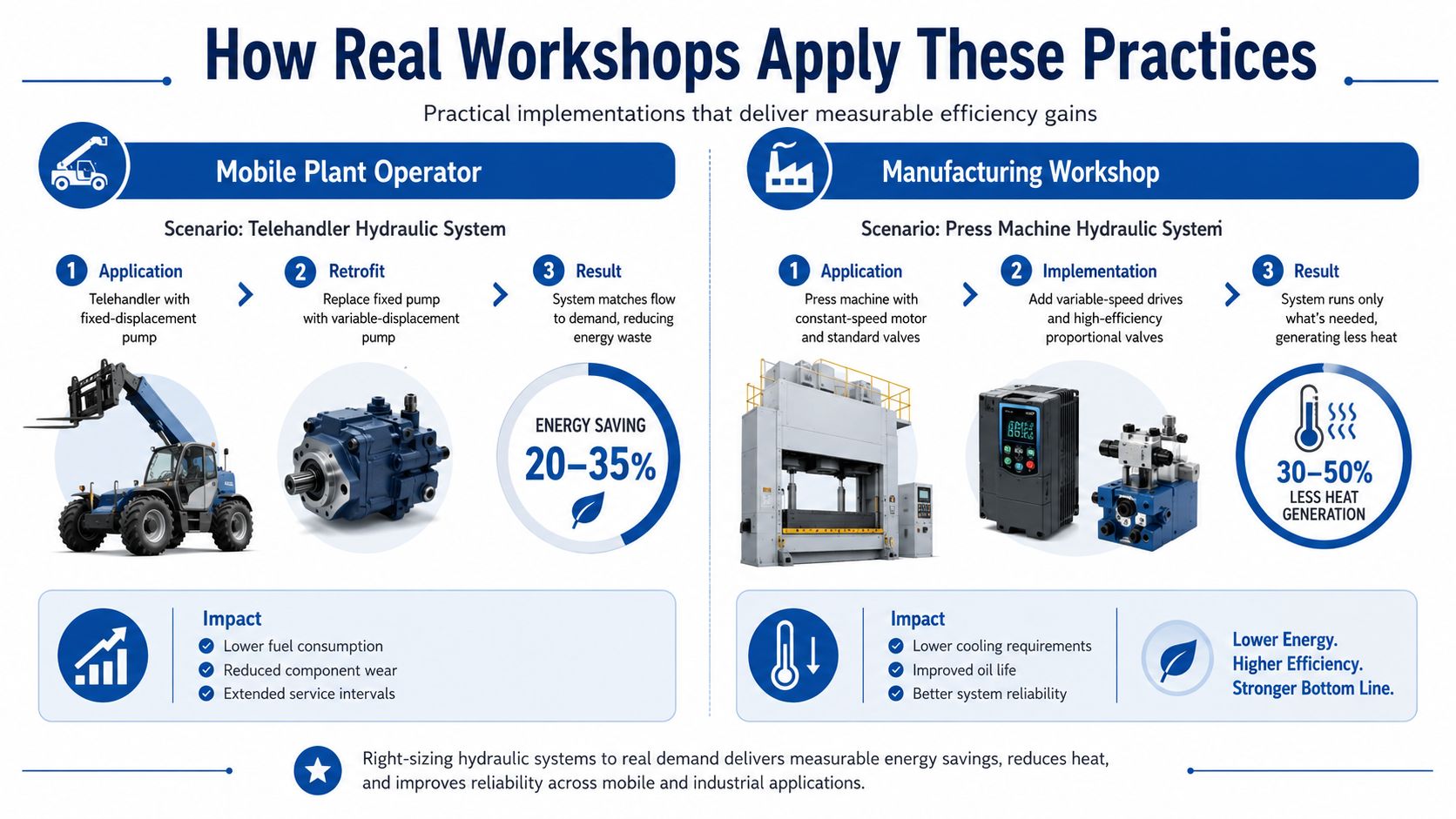 An infographic showing hydraulic system efficiency improvements in mobile plant operators and manufacturing workshops with energy savings.