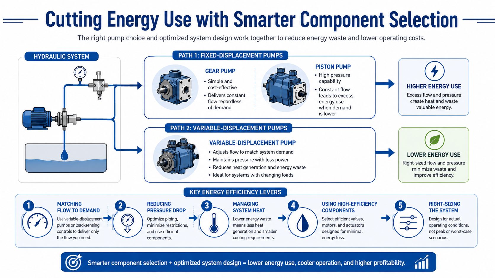 A diagram illustrating how smarter hydraulic pump selection and optimized system design improve energy efficiency and reduce costs.
