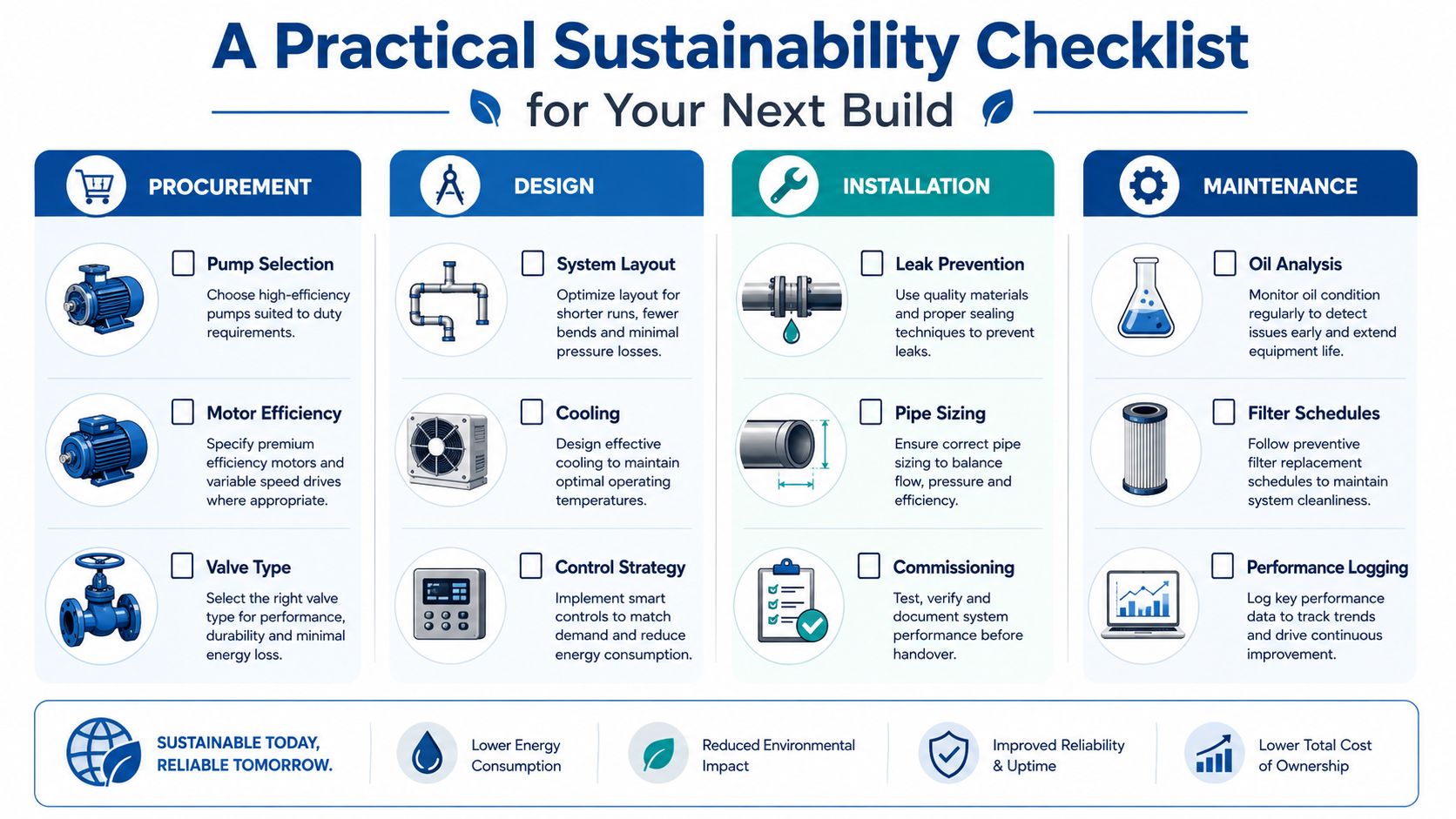A practical sustainability checklist for industrial builds, featuring categories for procurement, design, installation, and maintenance.
