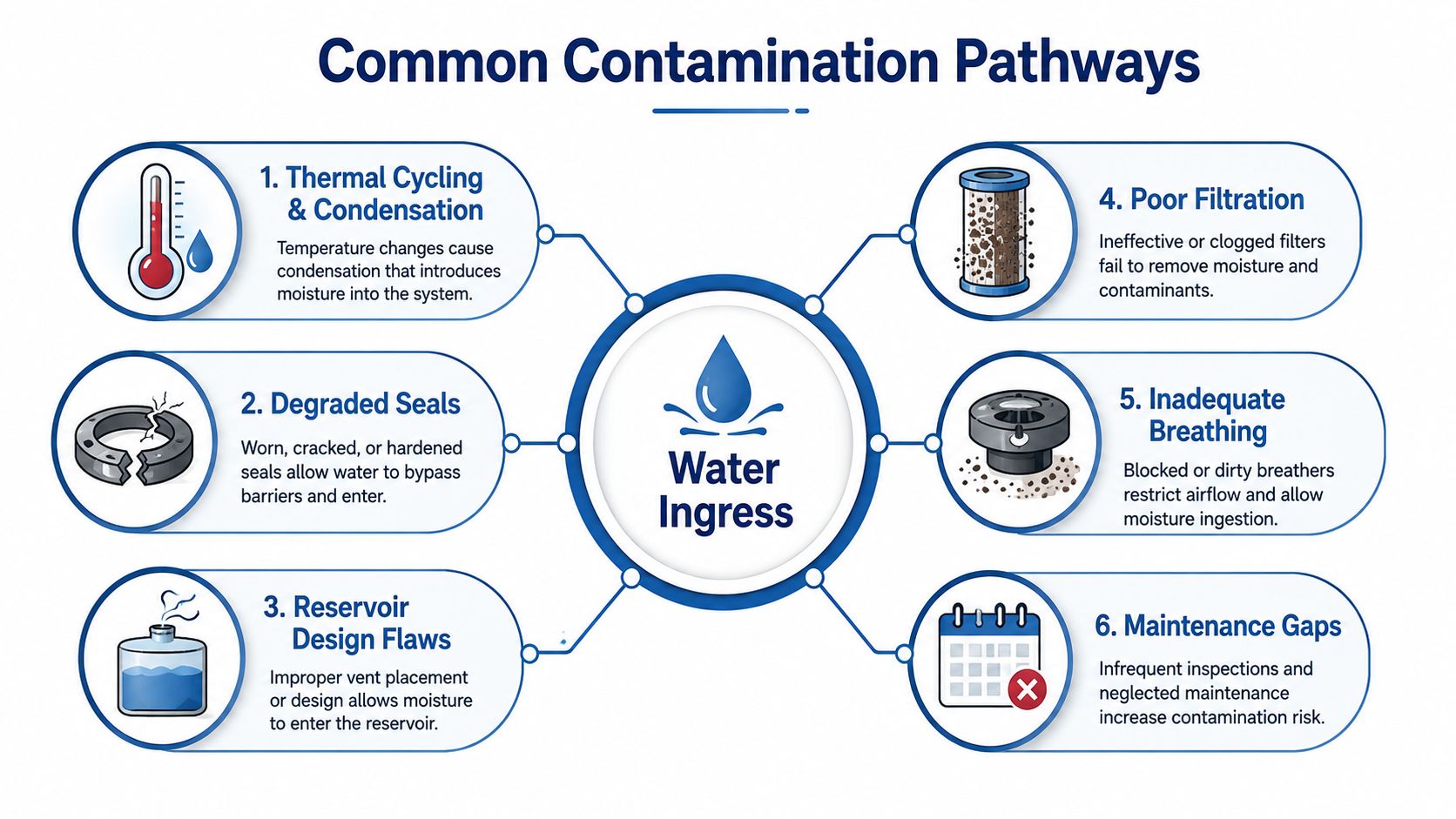 An infographic illustrating six common contamination pathways that lead to water ingress in industrial mechanical systems.