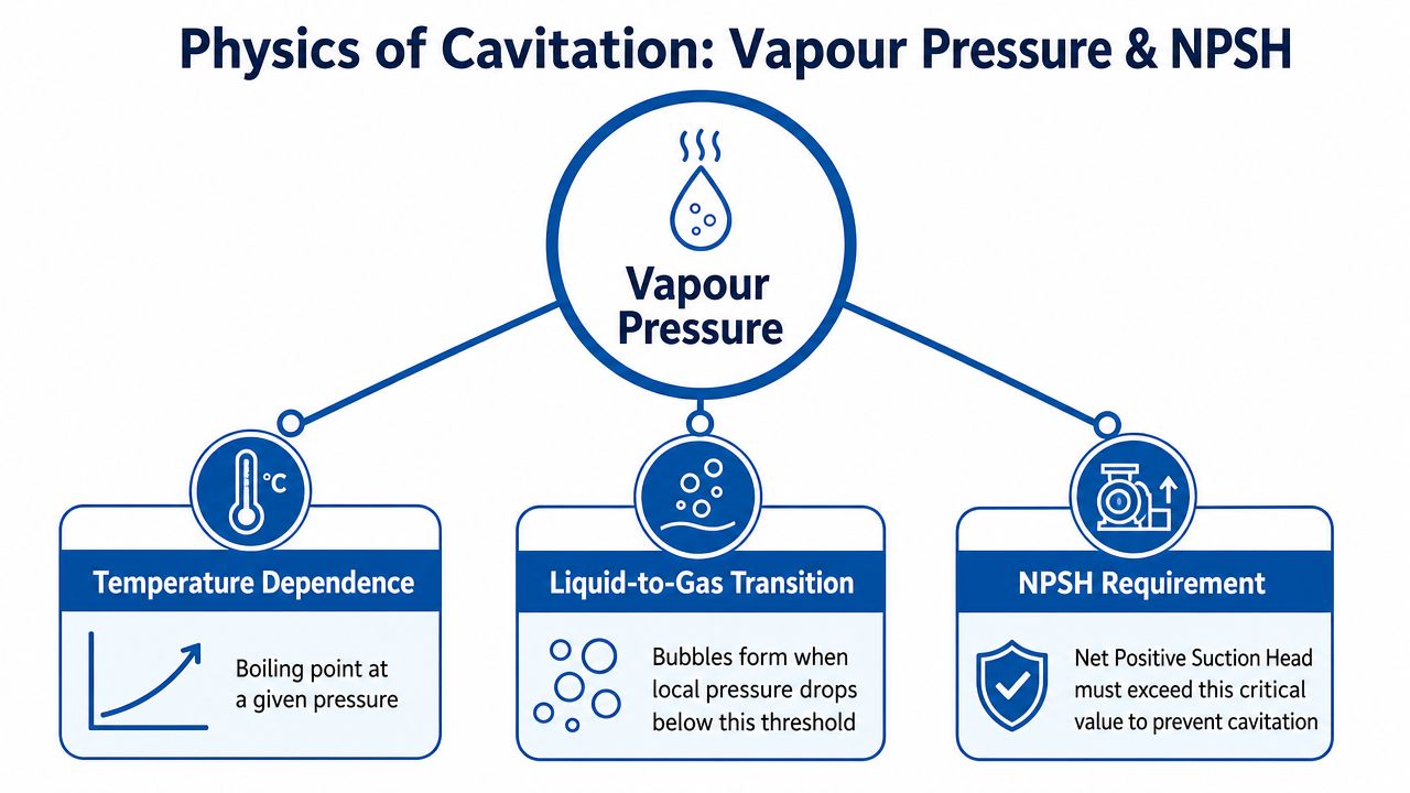 A diagram explaining the physics of cavitation, vapor pressure, temperature dependence, liquid-to-gas transition, and NPSH requirements for pumps.
