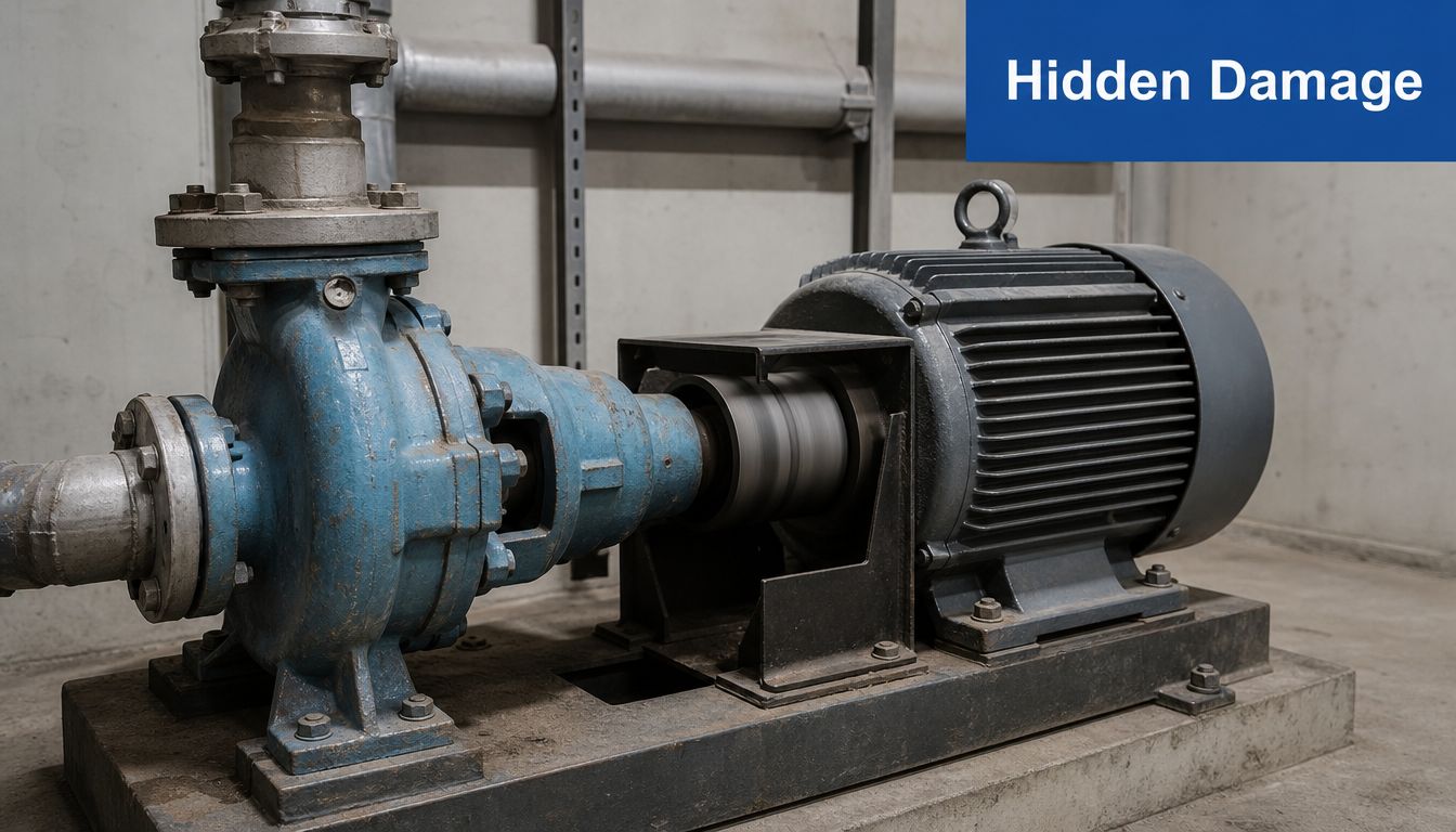 Industrial blue water pump motor assembly mounted on a concrete base for facility maintenance and operation.