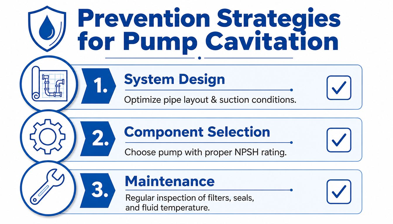 An infographic detailing three key prevention strategies for pump cavitation: system design, component selection, and regular maintenance.