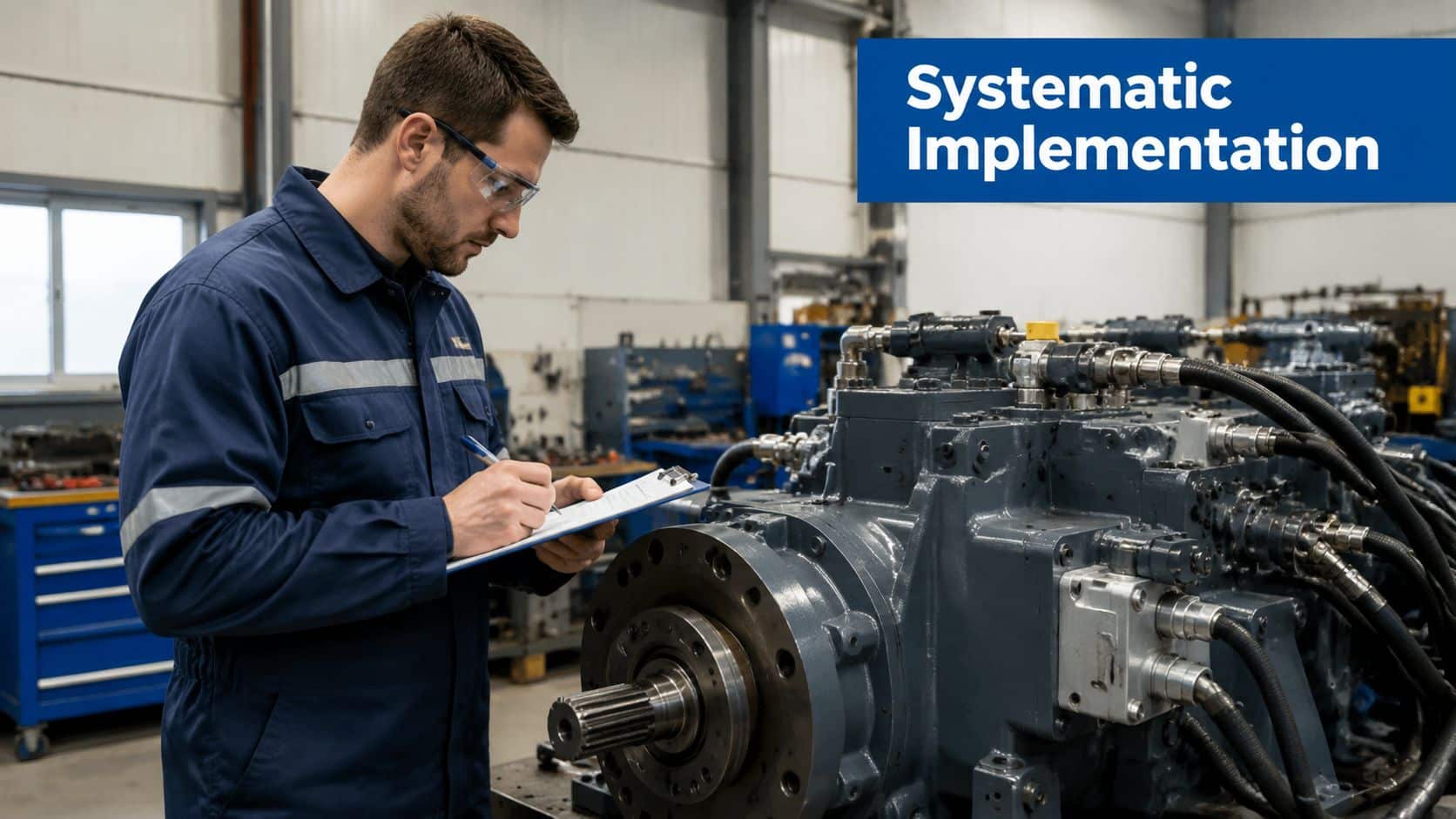 A technician wearing safety goggles inspects a large industrial hydraulic pump while taking notes on a clipboard.