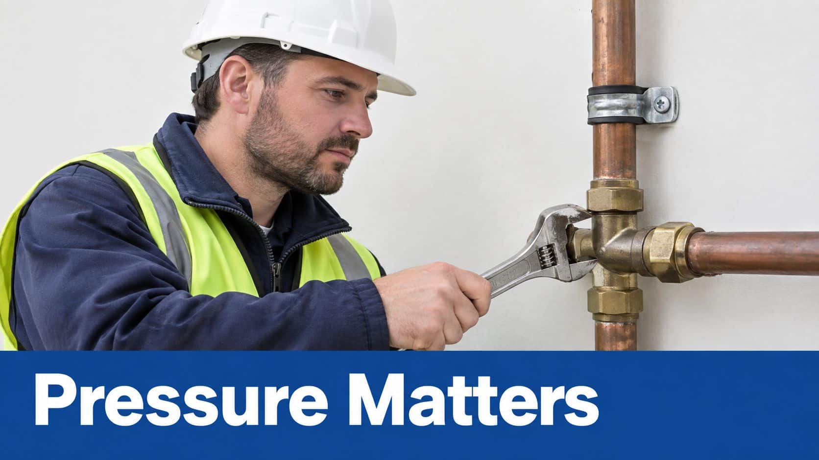 A professional plumber wearing a hard hat and safety vest tightens a pipe fitting on a wall.
