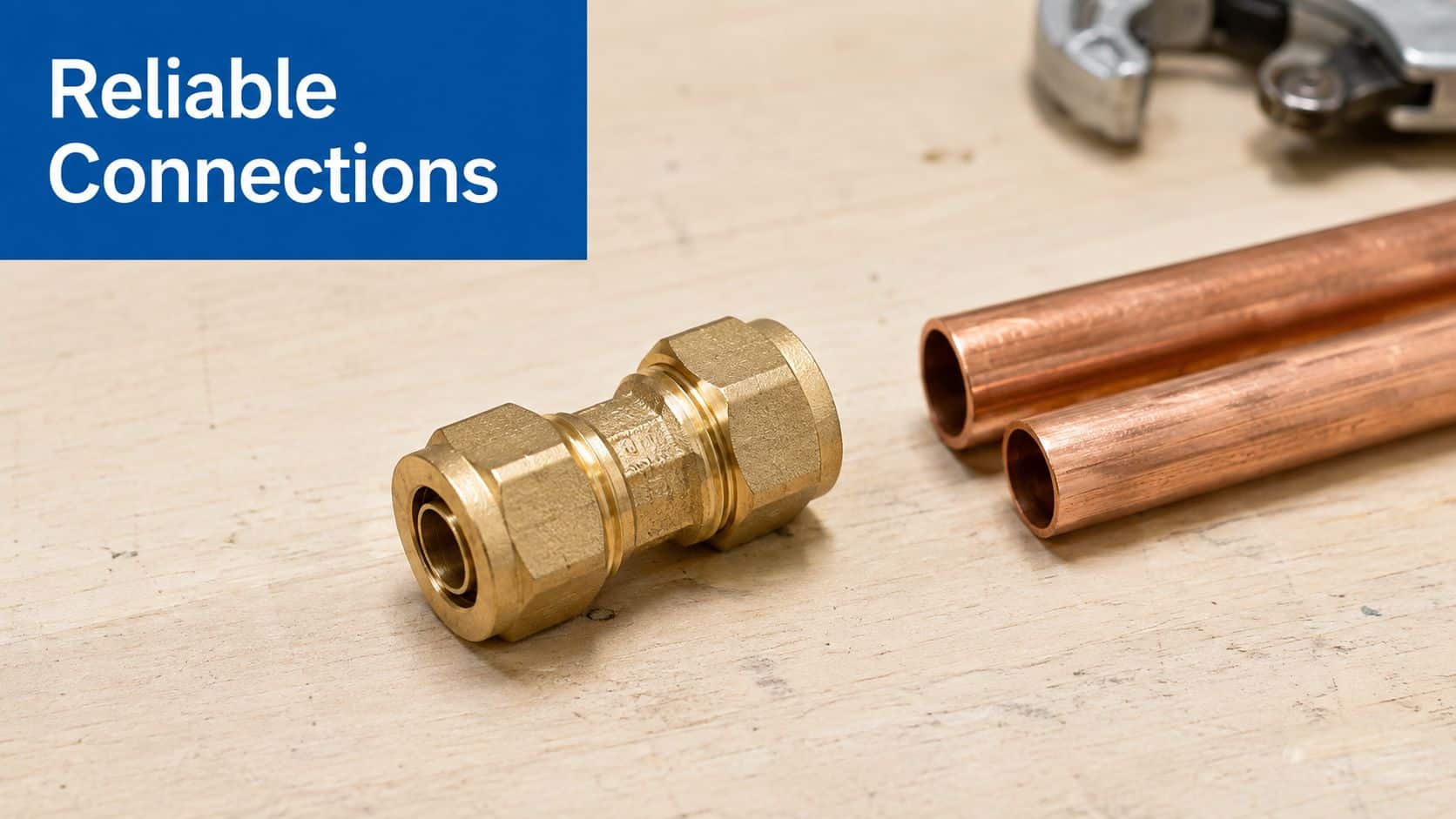 A brass compression fitting coupling placed on a wooden surface next to two cut copper pipes.