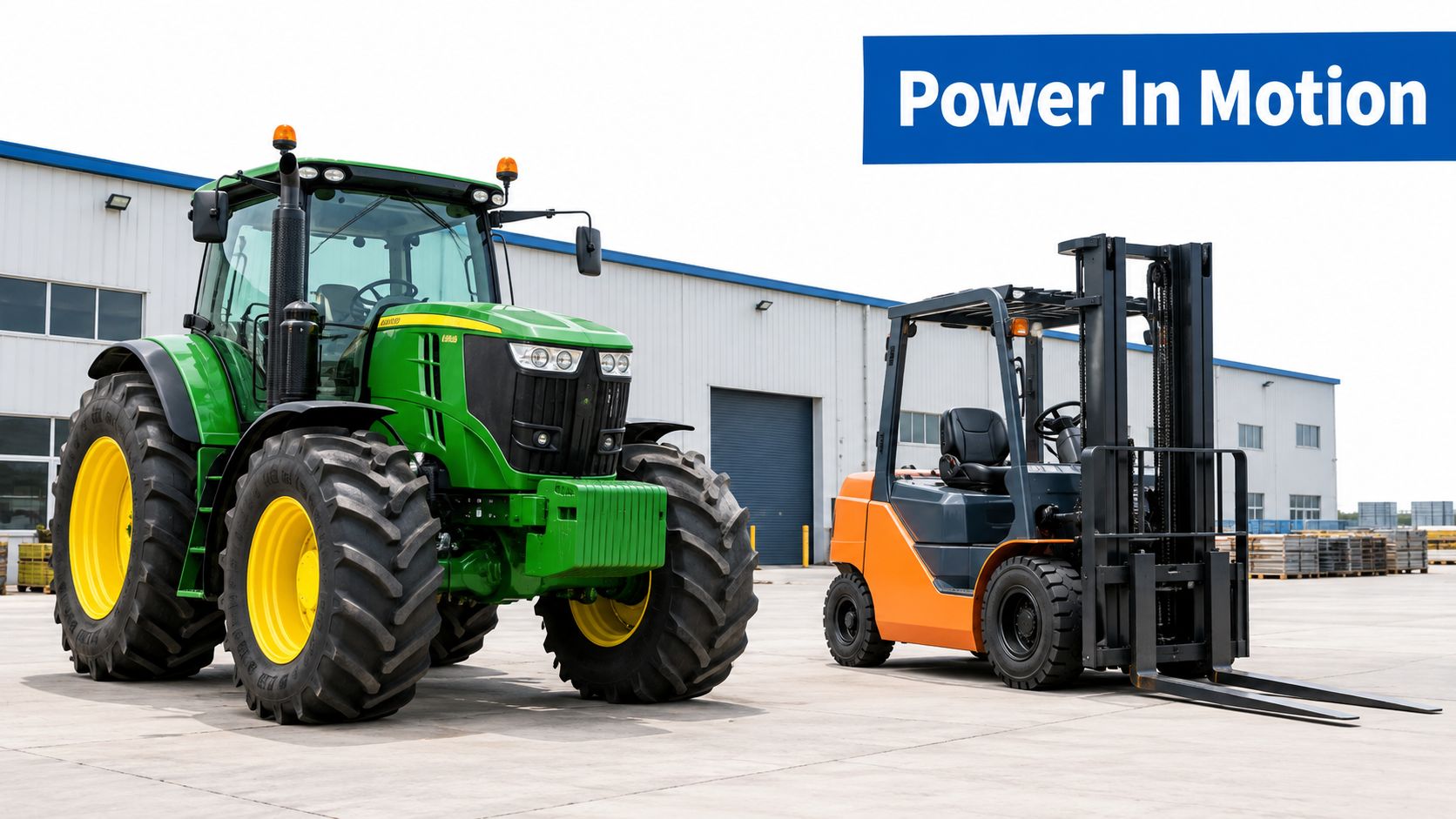 A green John Deere agricultural tractor and an orange industrial forklift parked on a concrete lot.
