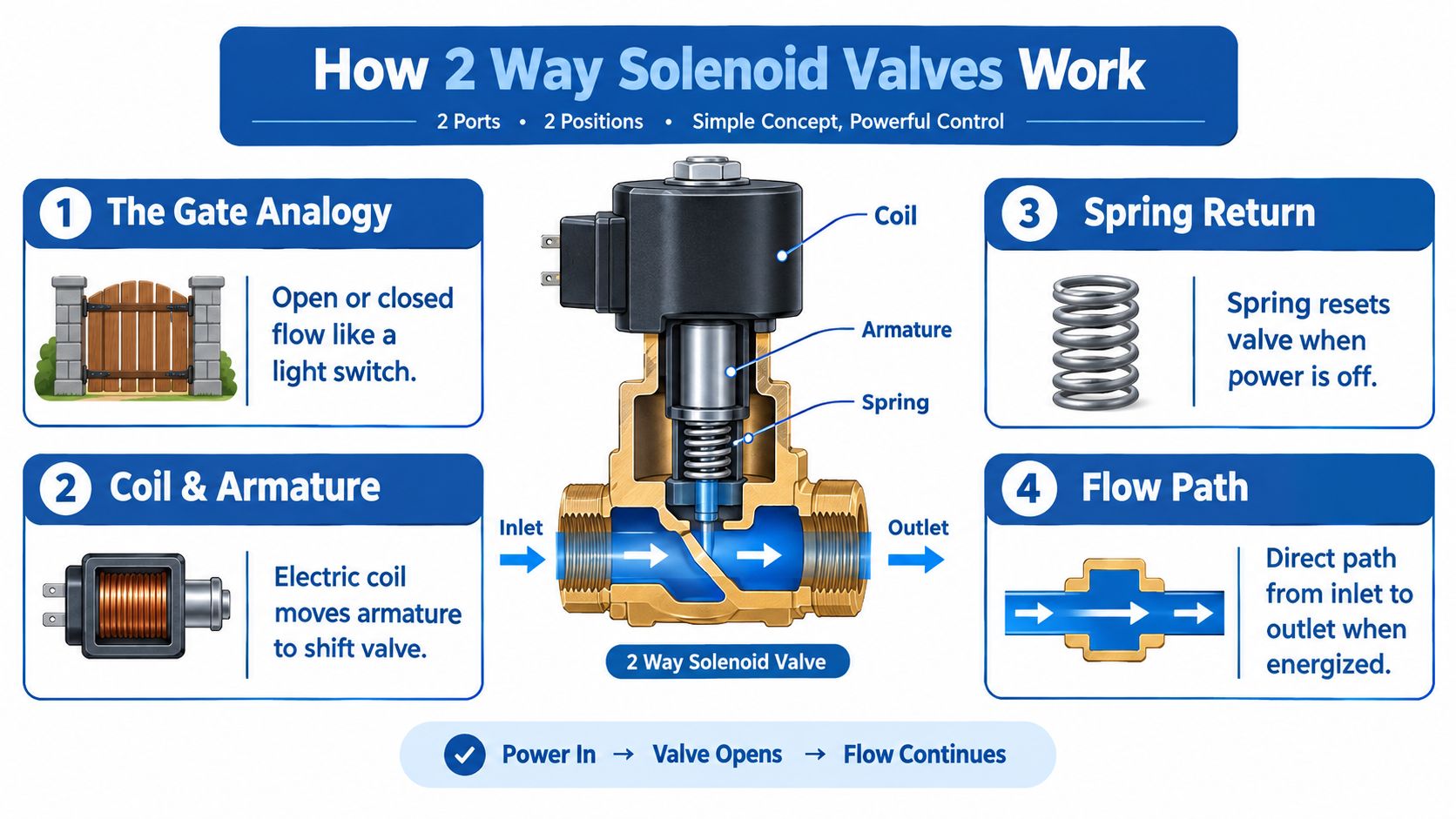 A detailed infographic explaining the components and operating mechanism of a two-way solenoid valve for industrial fluid control.