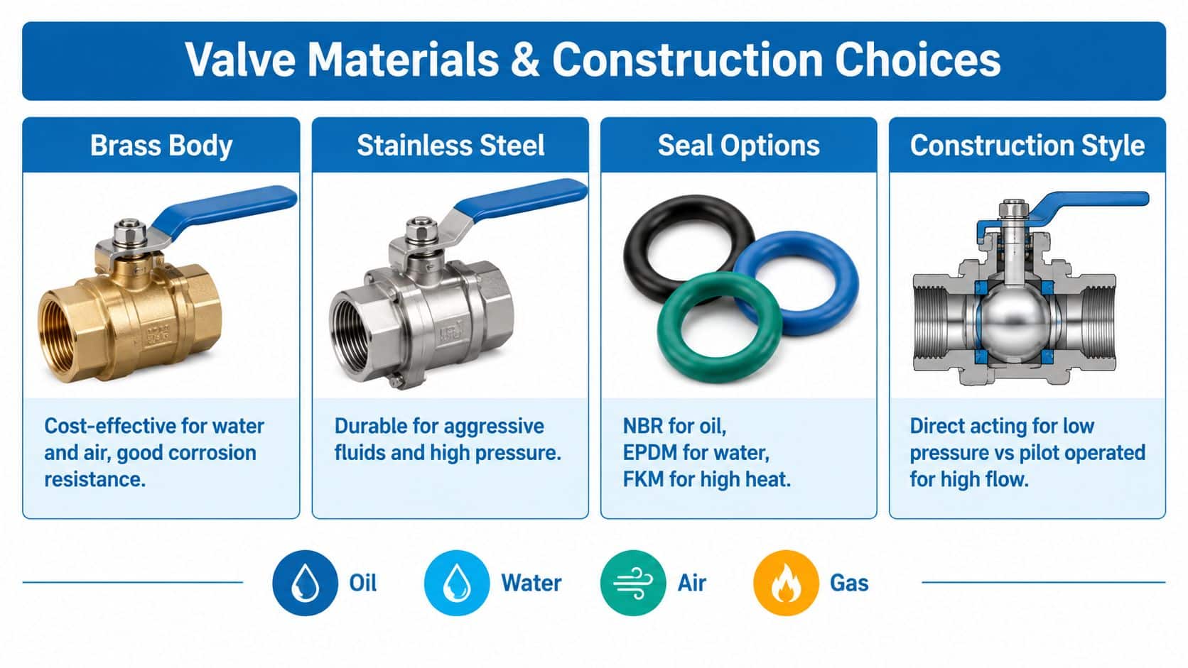 A guide illustrating valve materials, seal types, and construction styles for industrial fluid control systems.