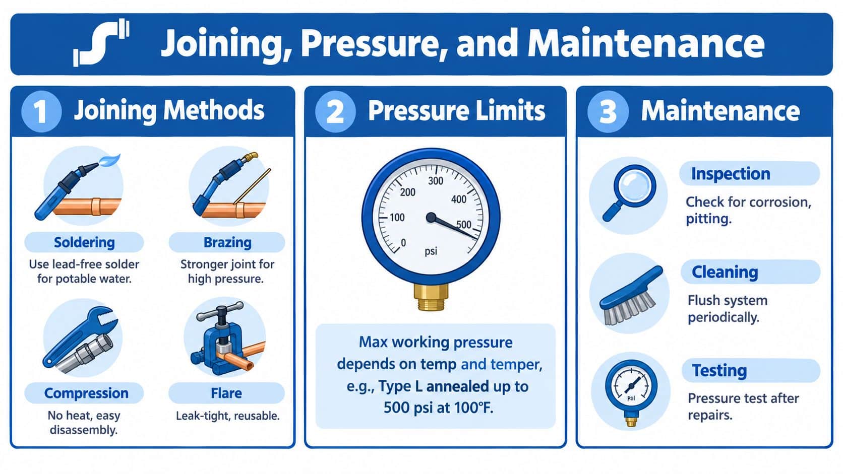 An infographic detailing methods for joining copper pipes, pressure limits, and routine system maintenance procedures.