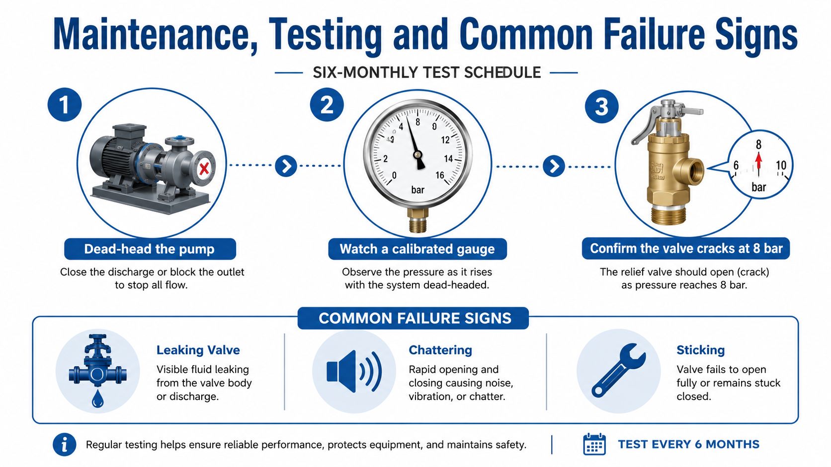 An infographic showing a six-month test schedule for an 8 bar pressure relief valve and common failure signs.