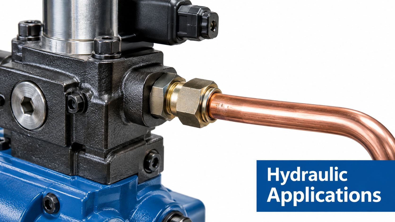 A close-up view of a metal hydraulic pump component connected to a 3/8 copper tubing line.