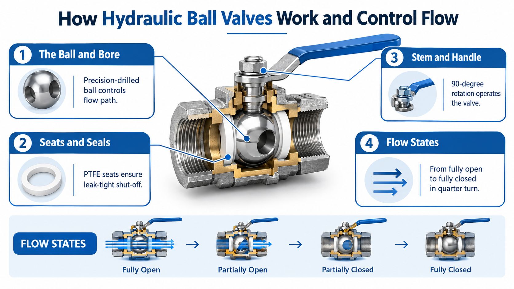 A diagram illustrating the components and operating principles of a hydraulic ball valve with flow states.