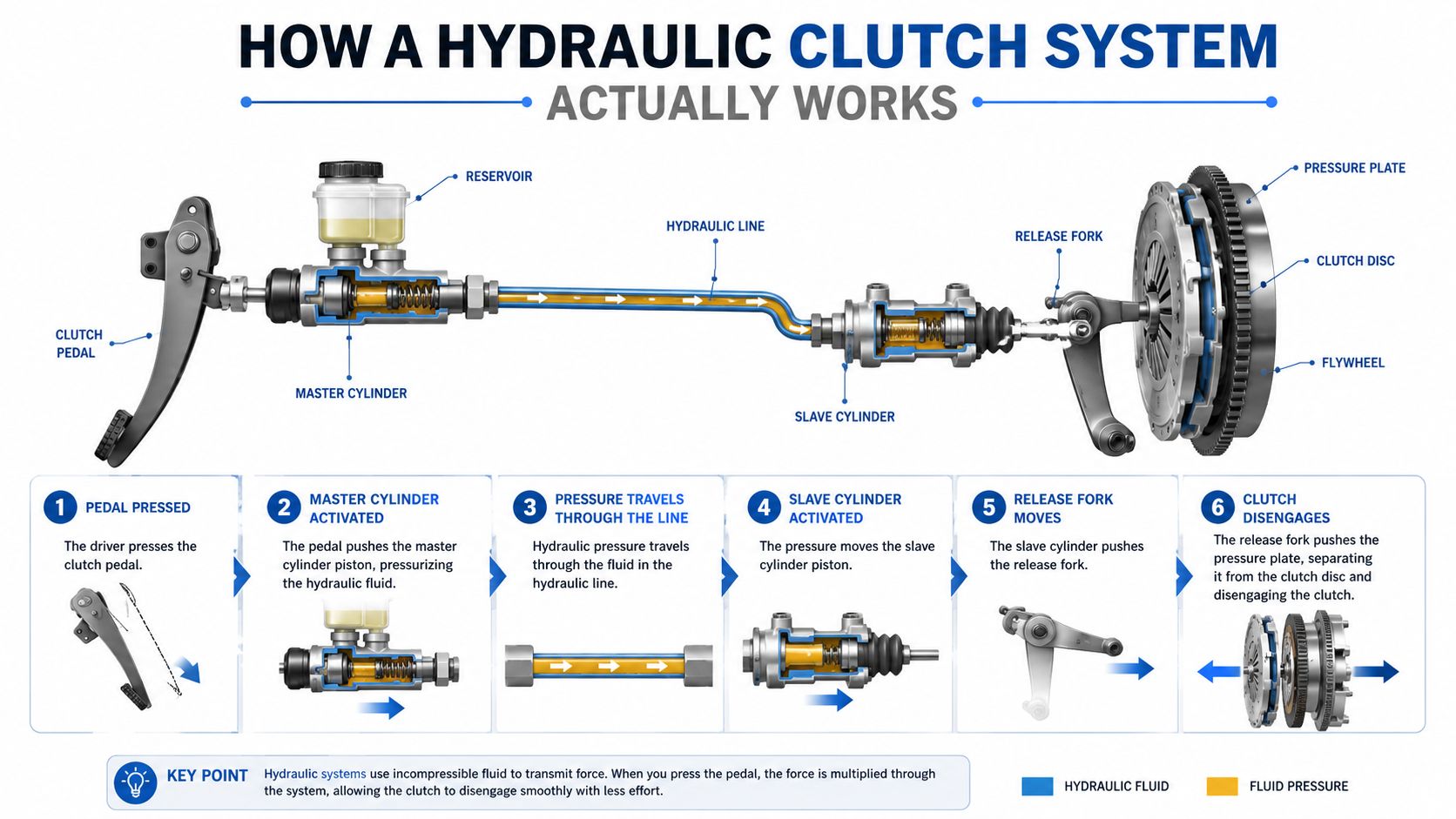 A diagram illustrating how a hydraulic clutch system works from the pedal to the flywheel components.