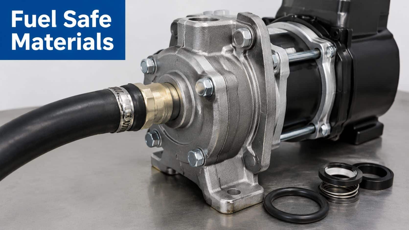 A stainless steel industrial fuel pump with a connected black hose and separate rubber seal components.